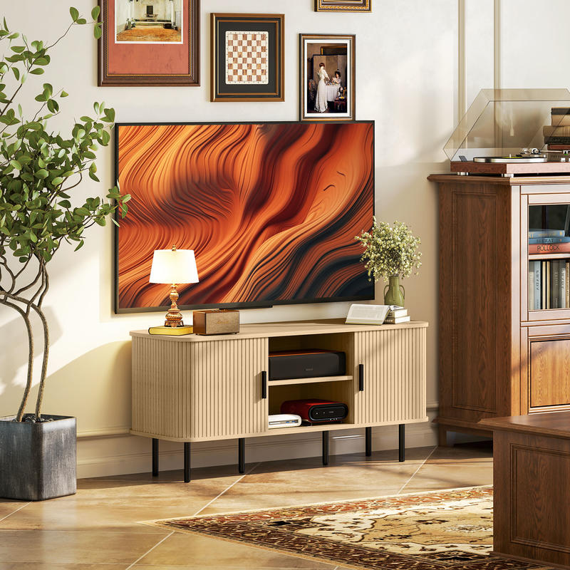 Meuble TV, Meuble TV, Meuble De Rangement Avec 2 Portes Roulantes Et Lattes, Design Scandinave, Accueille Les Téléviseurs Jusqu'à 55 Pouces 120 Cm, Ton Chêne