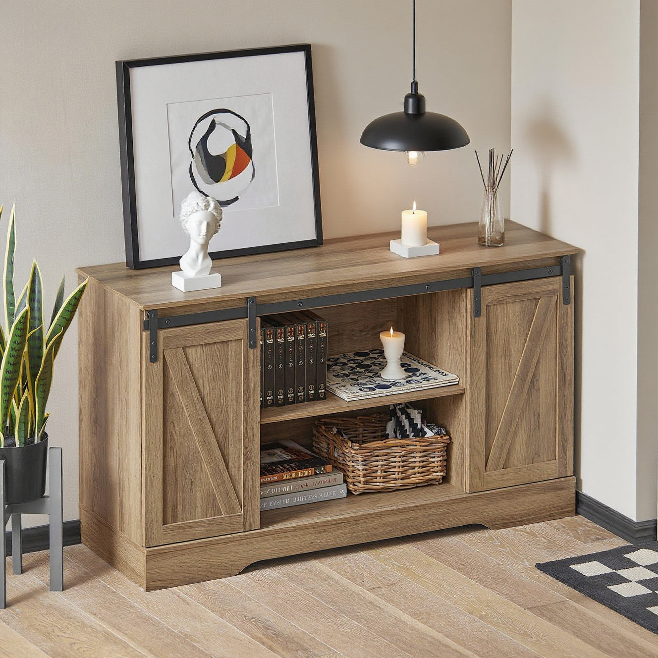 Commode - 120x40x70 cm - Porte de Grange Coulissante - Meuble Bas Placard de Rangement Buffet Armoire à Chaussures Commode à Chaussures, Meuble Cuisine Rangement Cuisine pour Salon, Couloir, Cuisine, Bureau, Chambre, SoBuy FSB60-BR