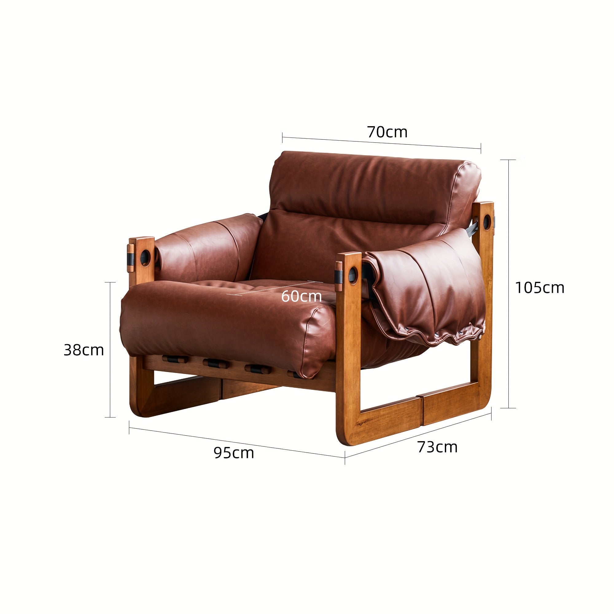 Fauteuil avec accoudoirs et pieds en bois massif, fauteuil de loisirs en cuir synthétique, fauteuil de lecture rétro, adapté au salon et à la chambre à coucher, brun