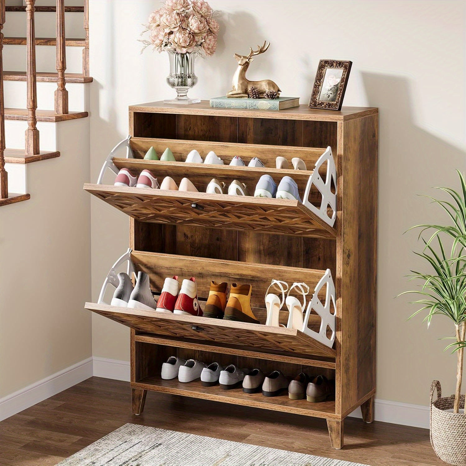 Armoire à Chaussures en Bois Marron 2 Tiroirs - Organisateur d'Entrée Étroit Autoportant avec Étagères Réglables, Design Contemporain et Construction en Bois Ingénierie pour Couloir, Placard, Petits Espaces, Finition Texturée Rustique, Détails Motif X, M