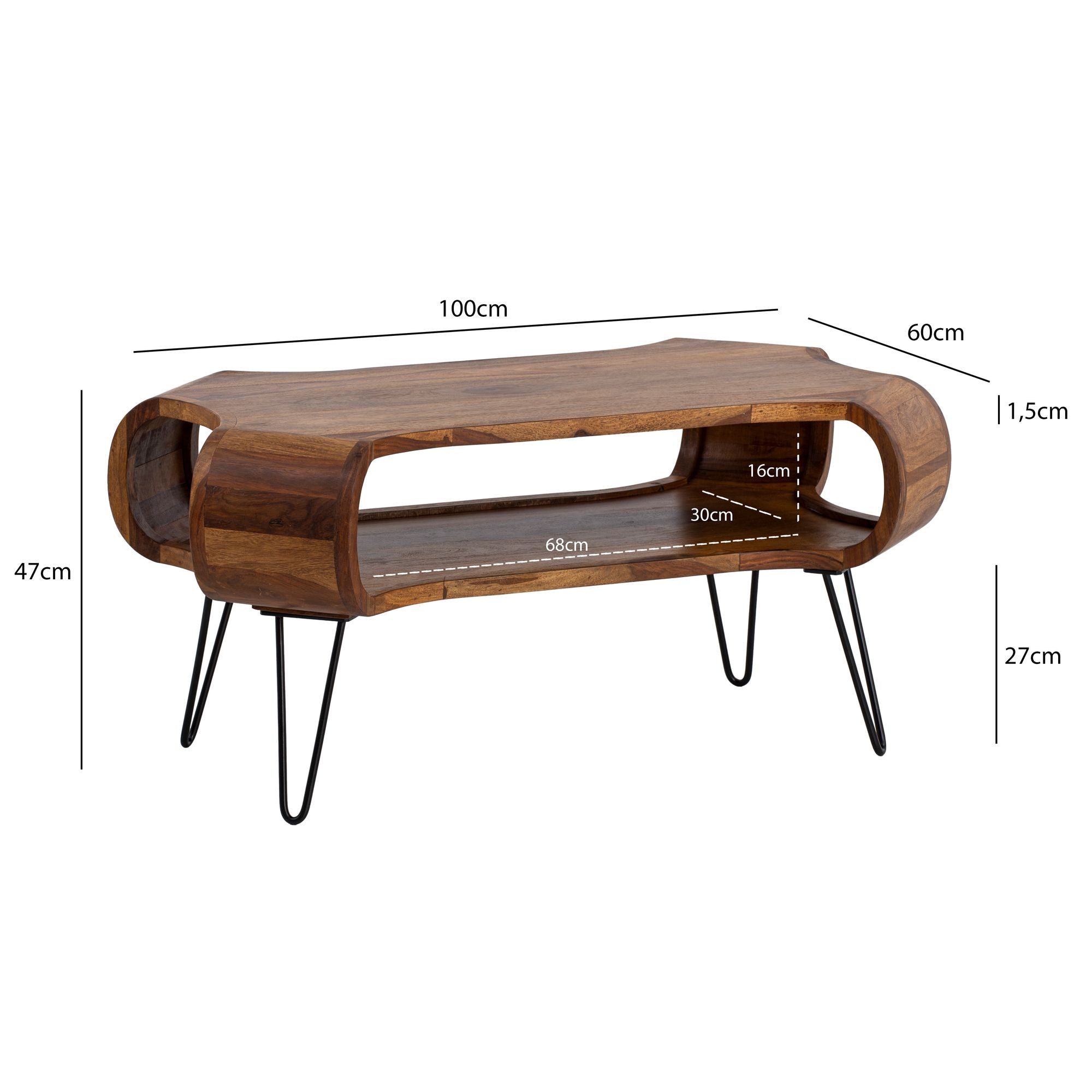 Table basse rectangulaire en bois massif Sheesham avec rangement, dimensions 100x60x47 cm, pieds en métal et patins, idéale pour salon