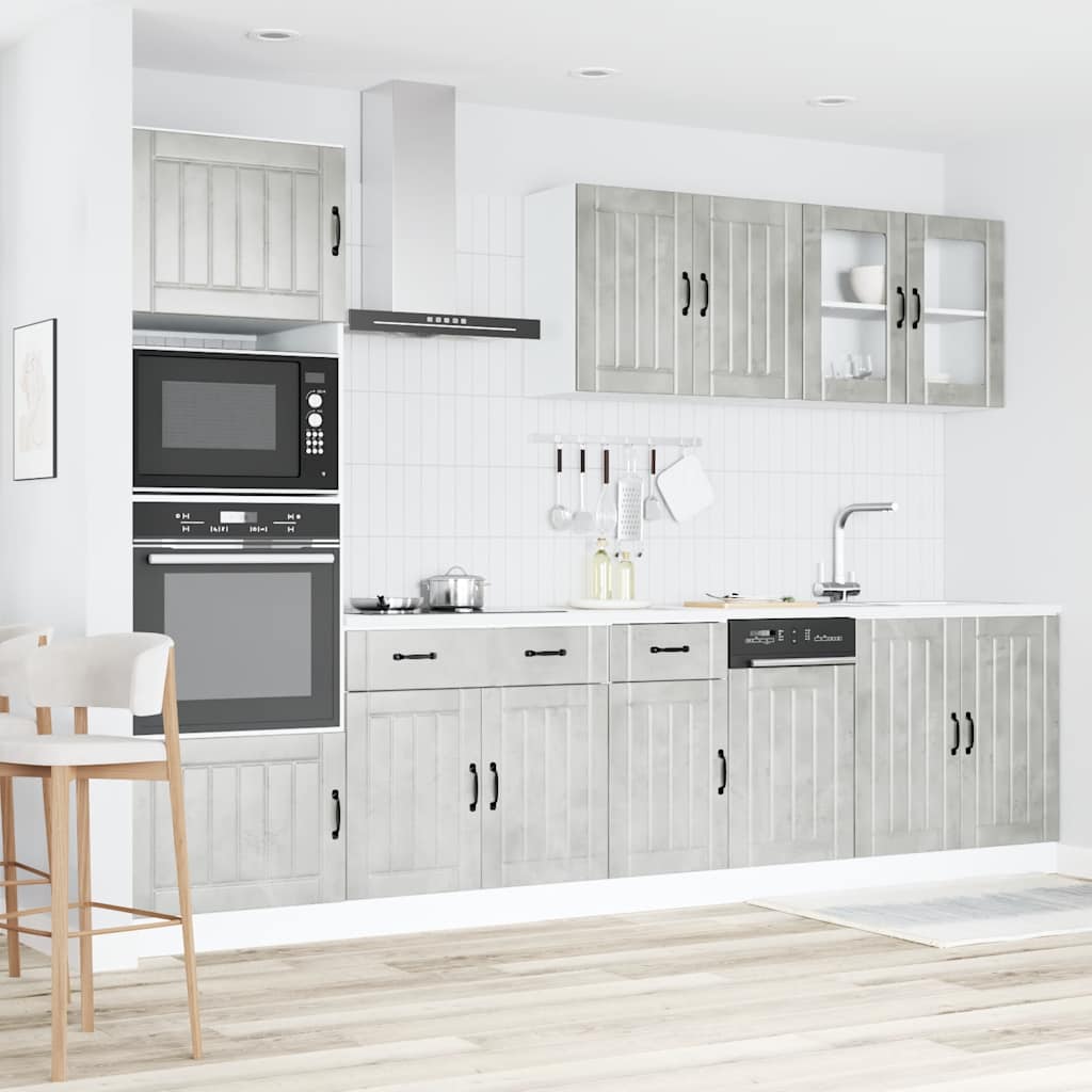 Ensemble de 7 meubles de cuisine moderne Lucca en bois d'ingénierie gris béton - Salon complet avec table, chaises et rangement - Design contemporain et élégant pour cuisine et salle à manger - Mobilier résistant et facile à assembler