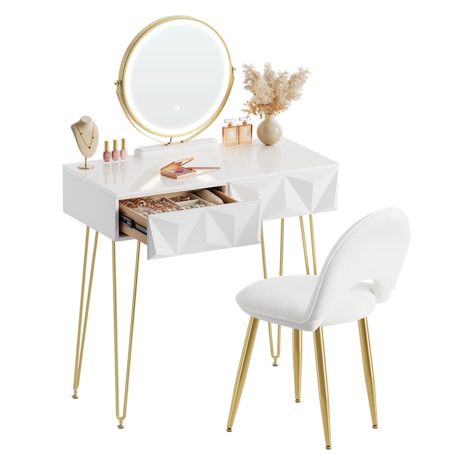 Table de Toilette pour Chambre : Brillante et Élégante, avec une Capacité de Rangement Énorme. Conçue pour Révéler un Charme Extraordinaire. Plateau Lumineux Combiné à des Tiroirs Scientifiquement Aménagés, pour un Aperçu Clair des Produits de Toilette.