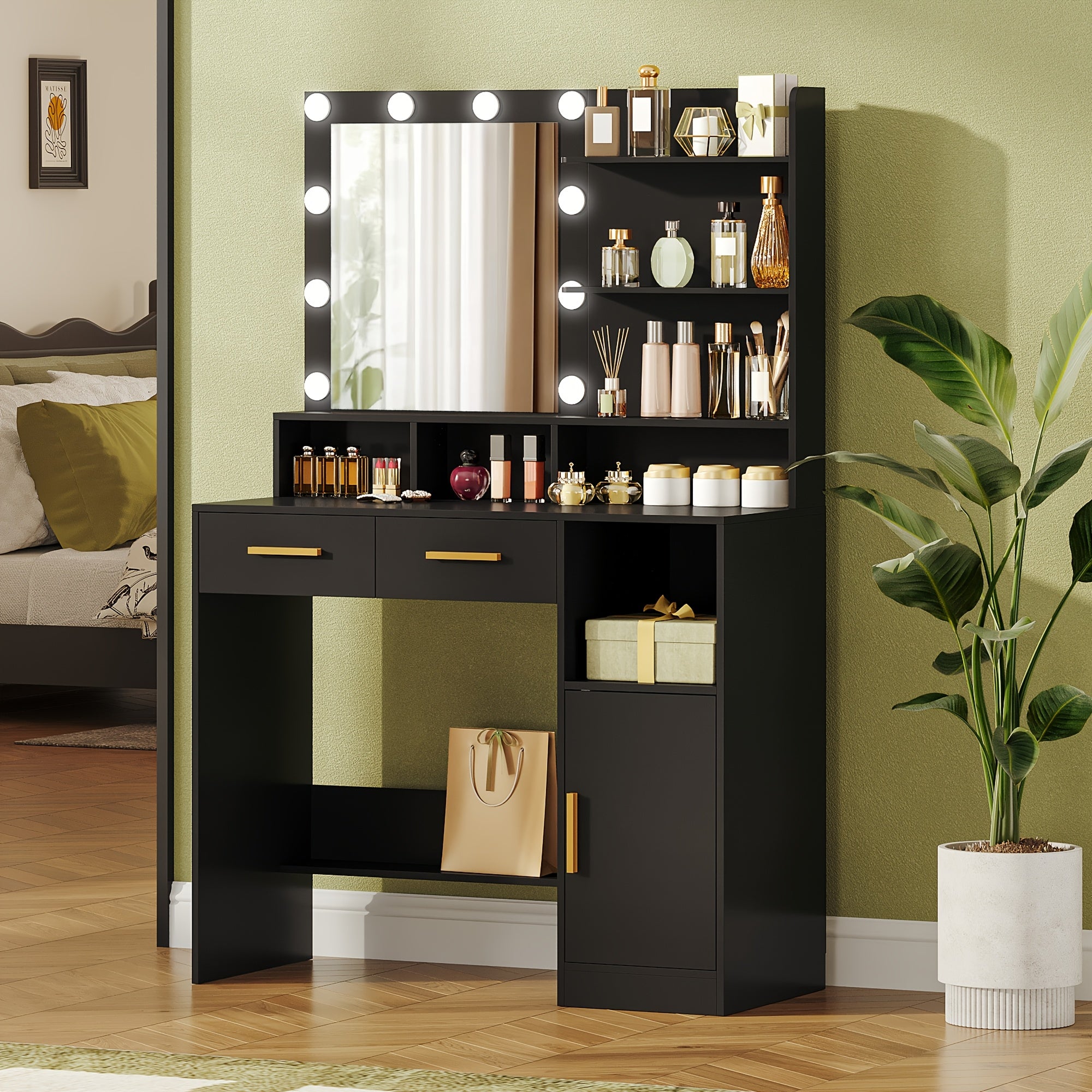 Coiffeuse avec miroir et 10 lumières LED, luminosité réglable, coiffeuse avec 2 tiroirs et 1 armoire, 3 étagères et 4 compartiments ouverts, blanc