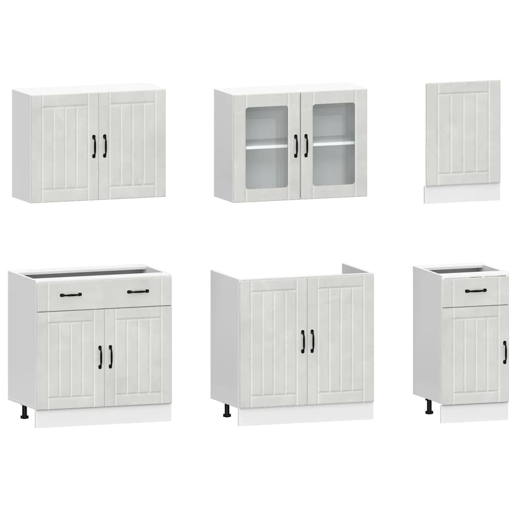 Ensemble de 7 meubles de cuisine moderne Lucca en bois d'ingénierie gris béton - Salon complet avec table, chaises et rangement - Design contemporain et élégant pour cuisine et salle à manger - Mobilier résistant et facile à assembler