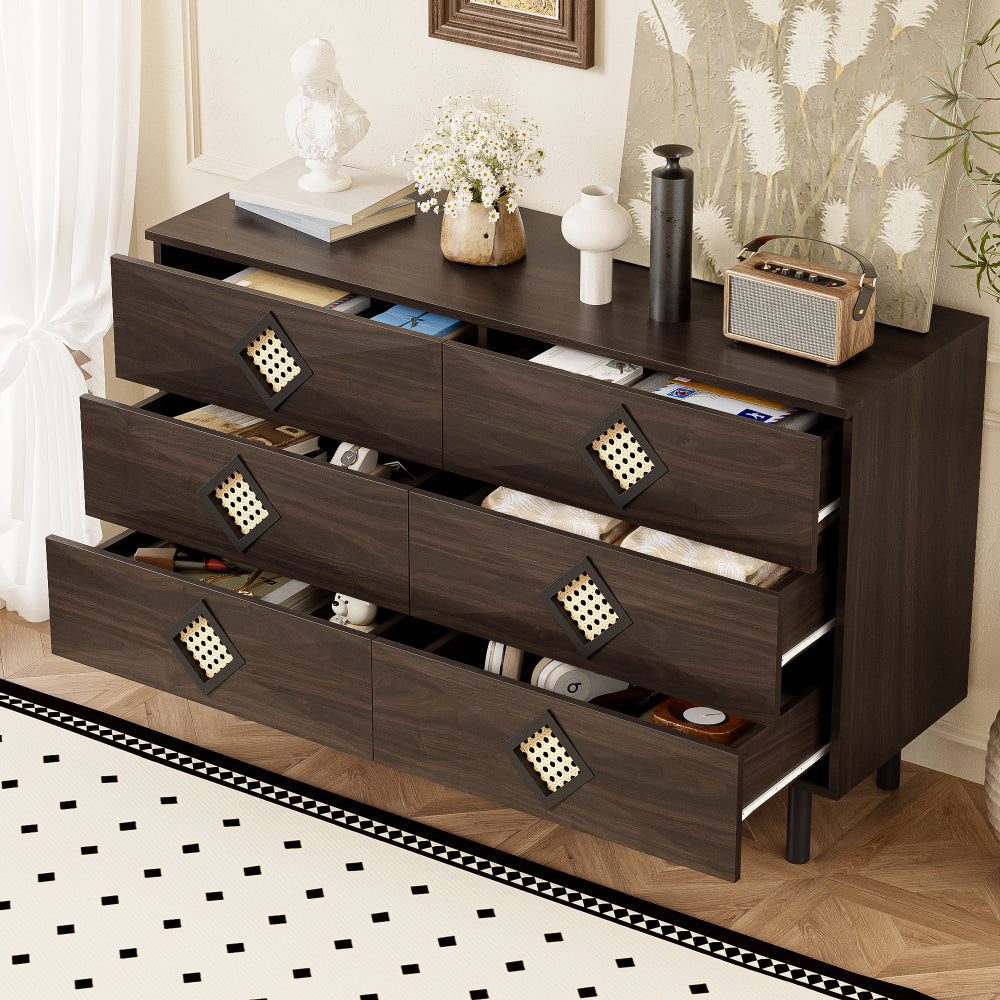 Table de Toilette Vintage Élégante à 6 Tiroirs avec Poignées en Rotin et Boutons de Tiroirs - Marron Foncé/Noir, Design Robuste à 4 Pieds, Hauteur 68,58 cm, Espace de Rangement de 3,2 Pieds Cubes, Montage Requis pour Chambre, Salon, Espace de Toilette (M