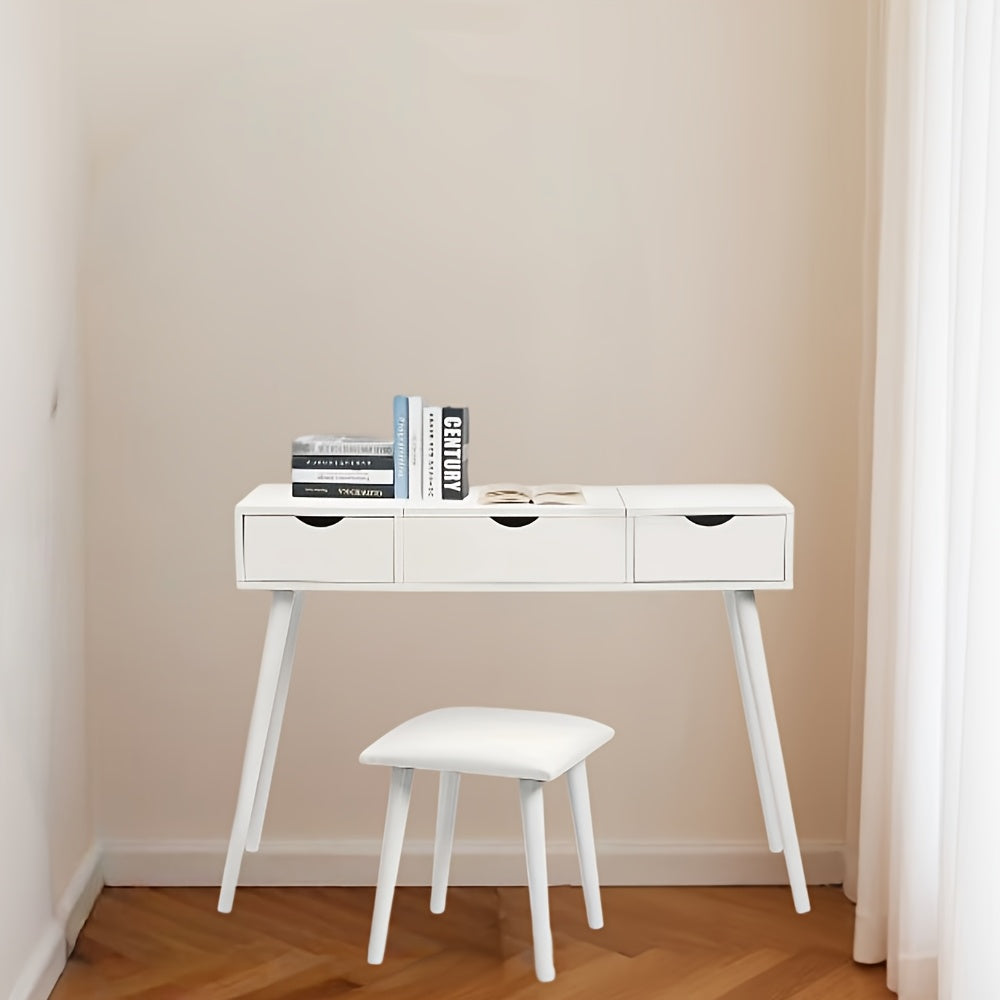 1pc Bureau de Toilette avec Miroir et Tabouret, Table à Cosmétiques avec 2 Tiroirs, Grand Plateau 100x40x75cm Blanc