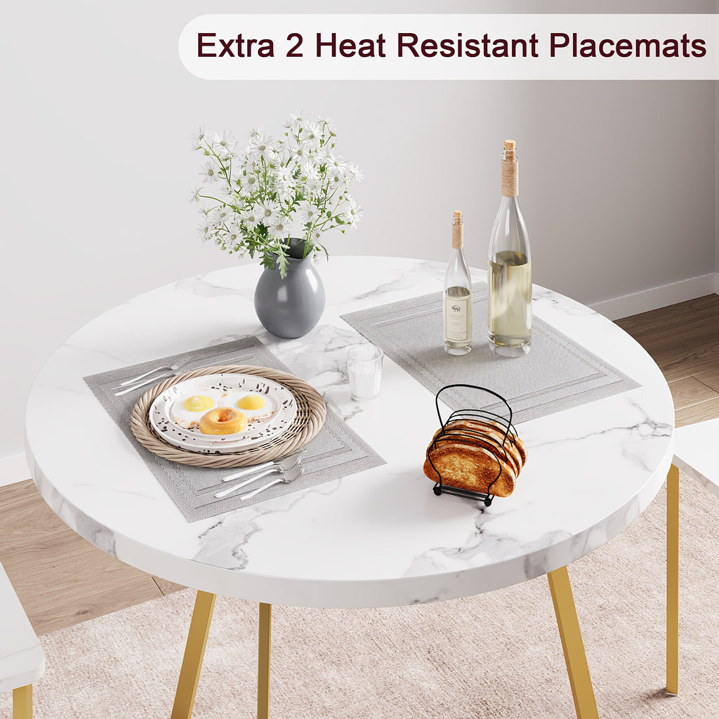 Ensemble de Table à Manger pour 2, Tables Rondes et Chaises Cuisine pour 2 Personnes, Ensemble Moderne avec 2 Tabourets en Bois et Acier Inoxydable, Idéal Petit Espace ou Appartement – Marbre Blanc Doré, Repas en Appartement,Meubles pour Petits Espaces,R