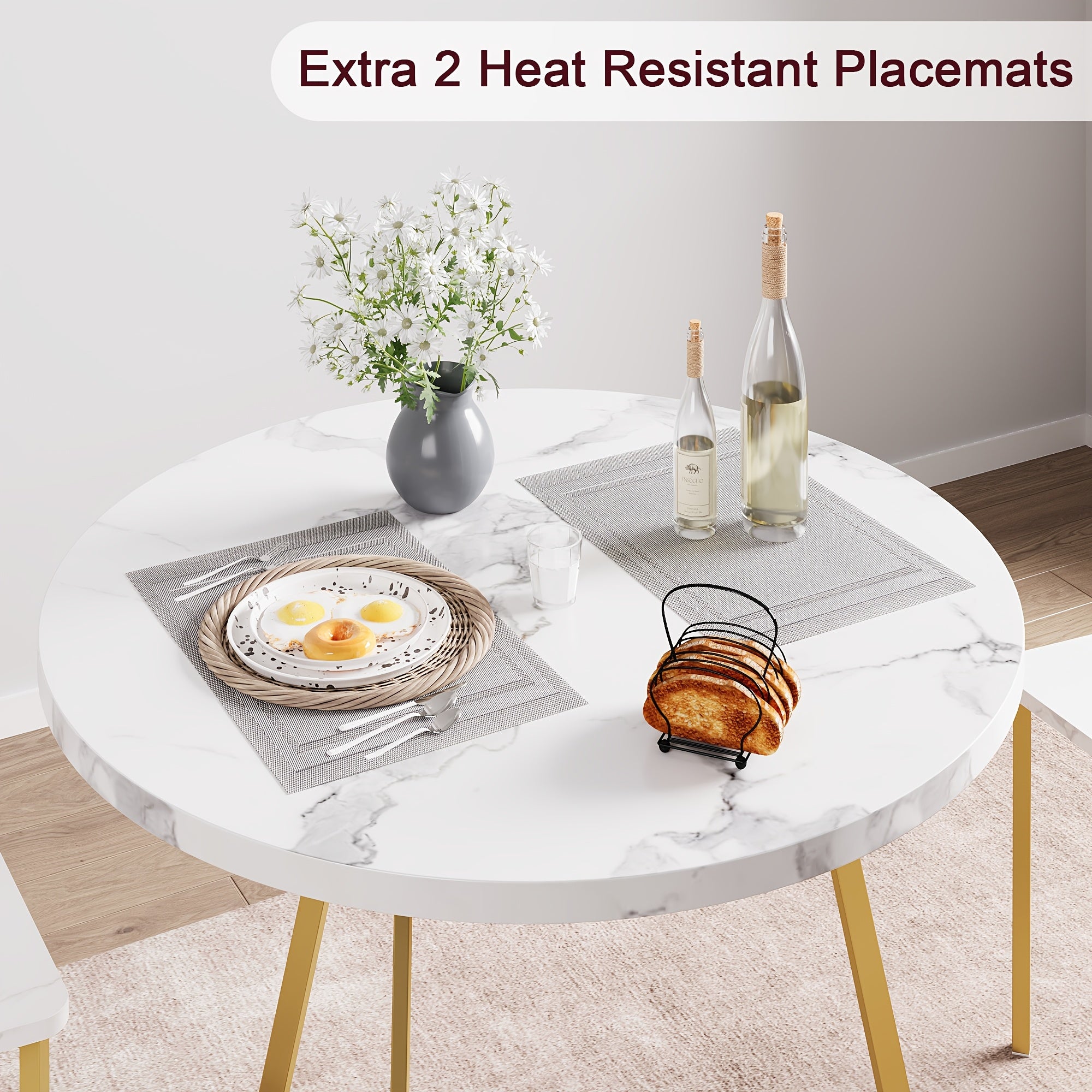 Ensemble de Table à Manger pour 2, Tables Rondes et Chaises Cuisine pour 2 Personnes, Ensemble Moderne avec 2 Tabourets en Bois et Acier Inoxydable, Idéal Petit Espace ou Appartement – Marbre Blanc Doré, Repas en Appartement,Meubles pour Petits Espaces,R