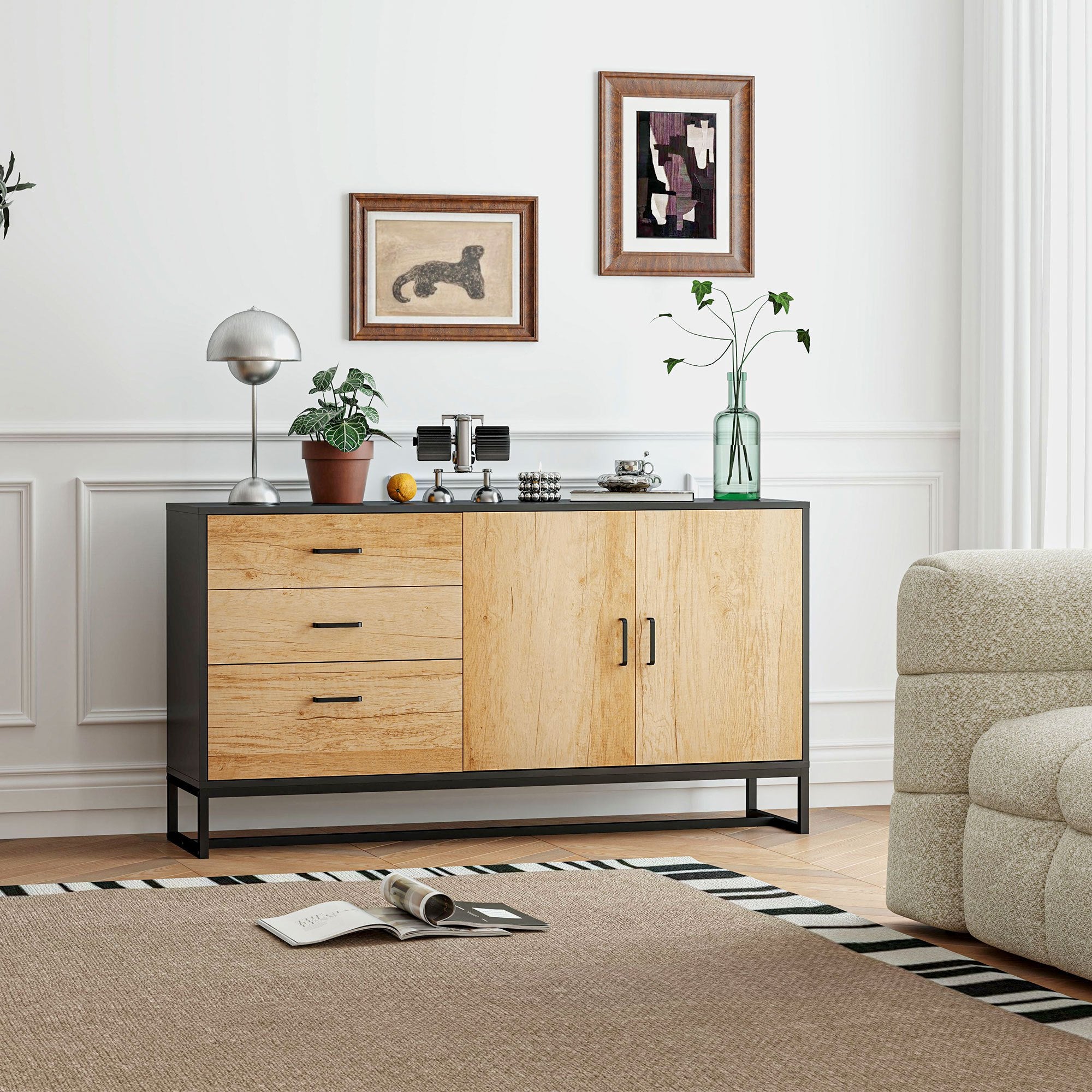 HOMCOM Buffet salon meuble de rangement avec placard, 3 tiroirs et étagère réglable, pieds en acier, poignées en alliage d'aluminium, pour salon, salle à manger, dim. 140 x 35 x 75 cm, bois naturel