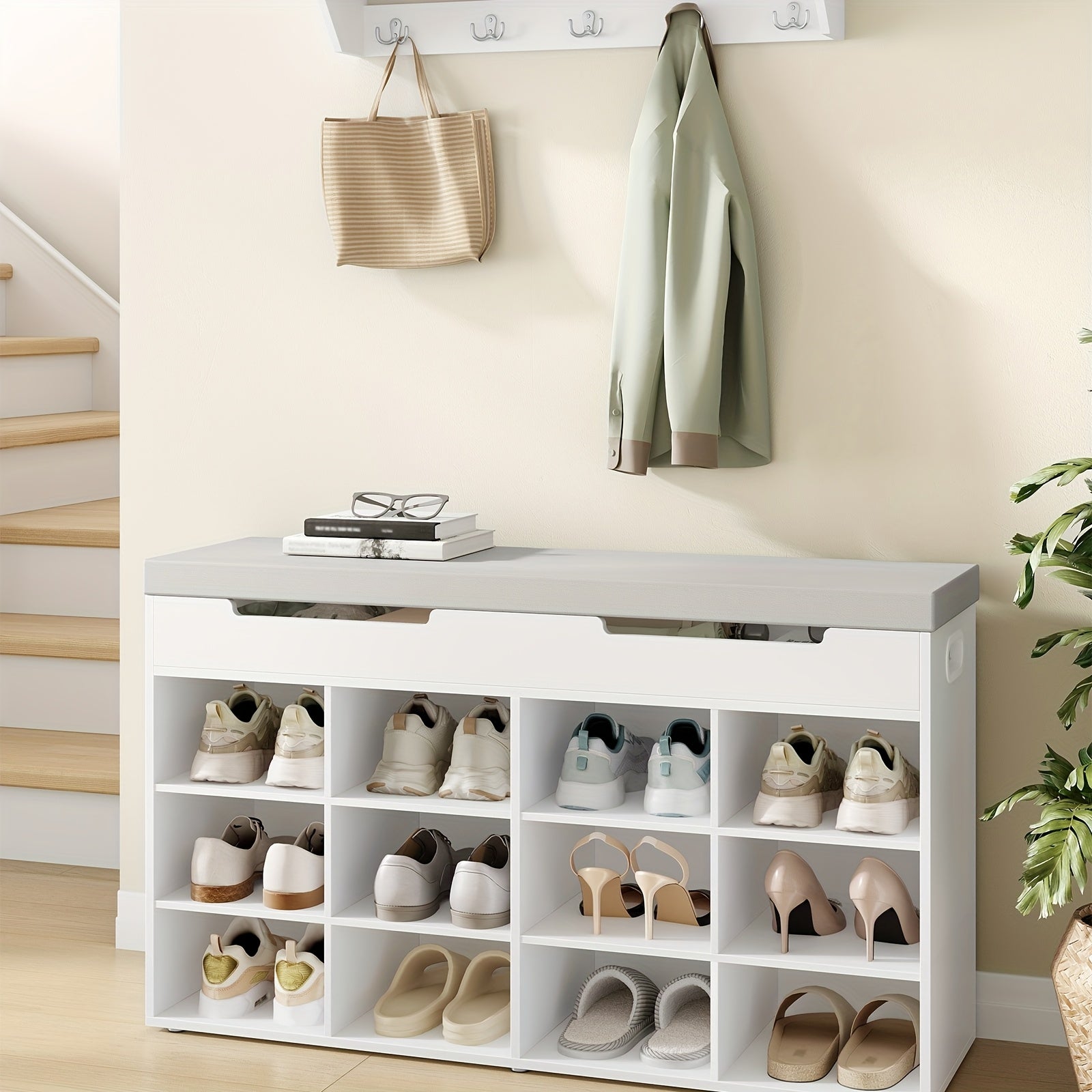 Banquette à Chaussures, Étagère à Chaussons avec Siège, Banc avec Espace de Rangement, 12 Compartiments, Étages Amovibles, Adaptée pour Salon, Entrée, Gain de Place, 30 x 100 x 55,4 cm, Blanc