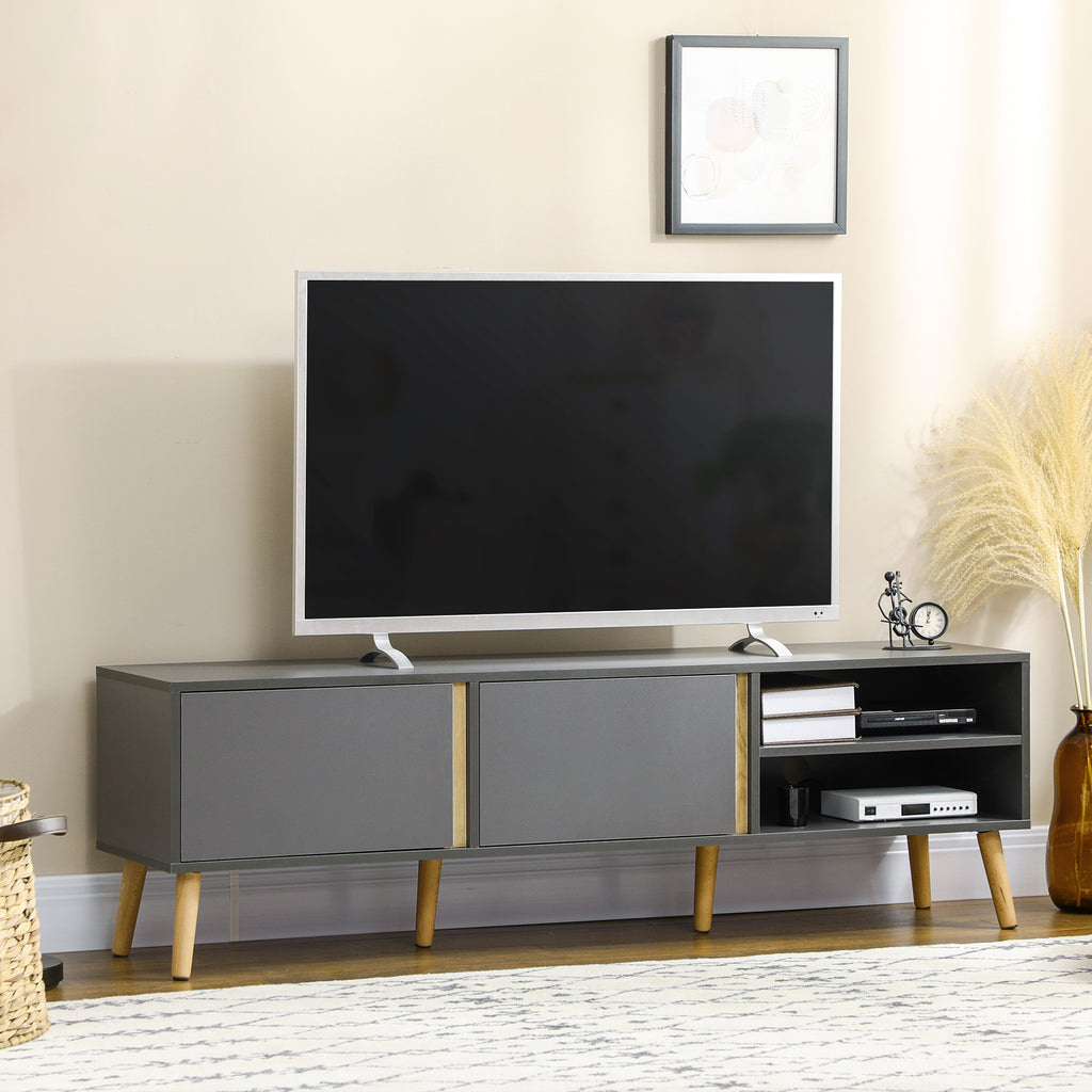 HOMCOM Meuble TV banc TV pour télévision jusqu'à 55 pouces design scandinave 2 portes 2 niches avec passe-câbles 150 x 35 x 45 cm gris foncé