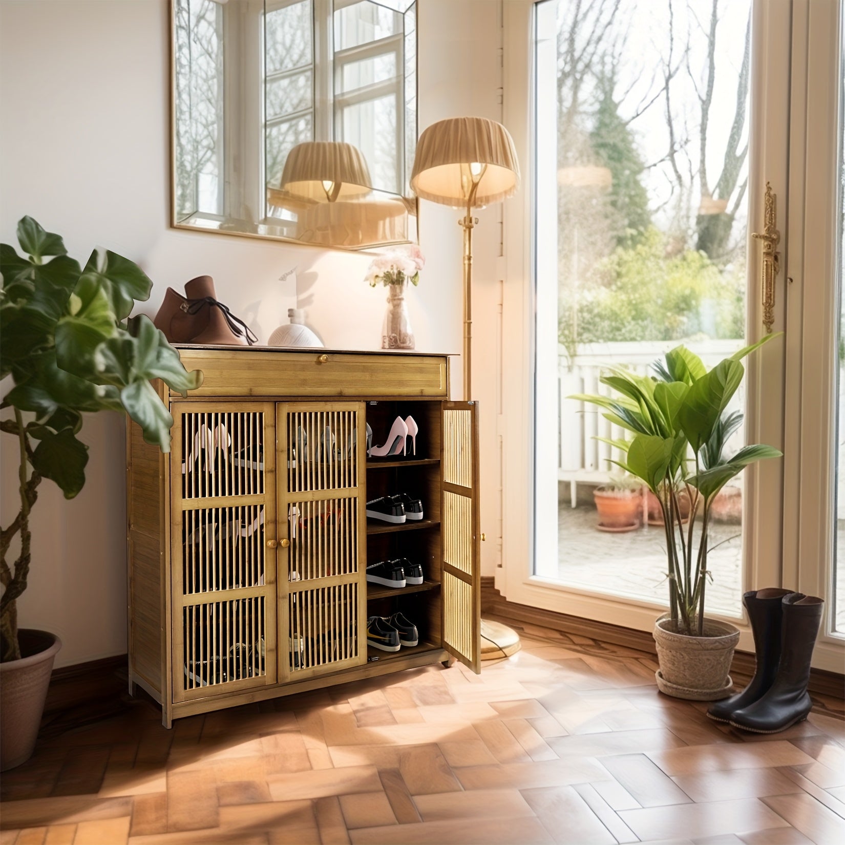 Armoire de rangement pour chaussures en bambou à 4 niveaux avec 3 portes creuses - Organisateur d'entrée autonome pour couloir, salon ou chambre à coucher, finition naturelle, capacité de 10 kg, sans tuyaux métalliques, organisateur de rangement pour cha
