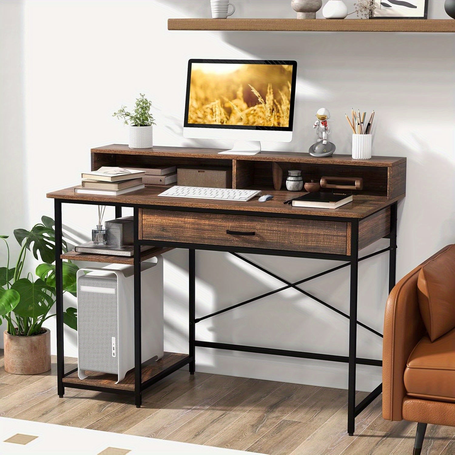 Bureau avec tiroir, support de moniteur et 2 étagères ouvertes, bureau d'ordinateur avec structure en métal, table PC, table de bureau, 120 x 56 x 90.5 cm, brun rustique