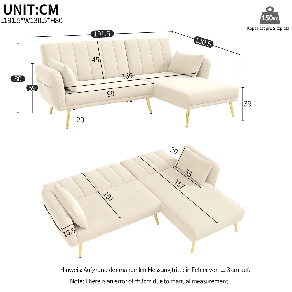 Canapé-lit pliant en L de style nordique 191,5*130,5*80 cm, canapé d'angle multifonctionnel, structure d'angle en L, canapé d'angle moderne et simple, canapé-lit extensible pour grand espace, design divisé pour canapé-lit de salon, canapé-lit avec réglag