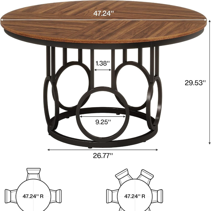 Table à Manger Ronde de 119,38 cm - Grand Bois Massif & Base en Métal Robuste, Table Vintage Ferme Marron/Noir pour 4-6 Personnes, Économiseur d'Espace et Polyvalent comme Bureau ou Cuisine (Assemblage Requis) - Conçue sans PDP, 4/6 Places