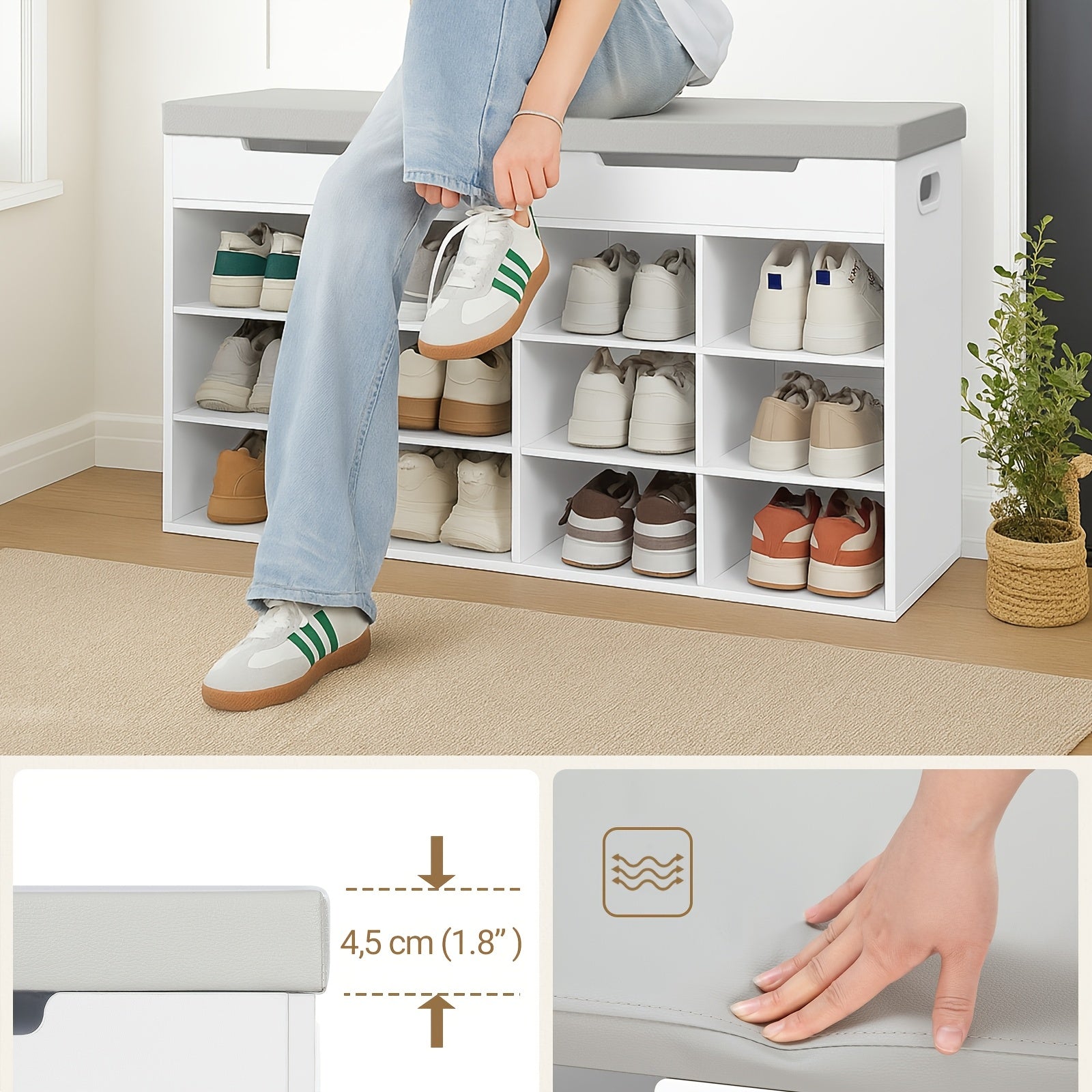 Banquette à Chaussures, Étagère à Chaussons avec Siège, Banc avec Espace de Rangement, 12 Compartiments, Étages Amovibles, Adaptée pour Salon, Entrée, Gain de Place, 30 x 100 x 55,4 cm, Blanc