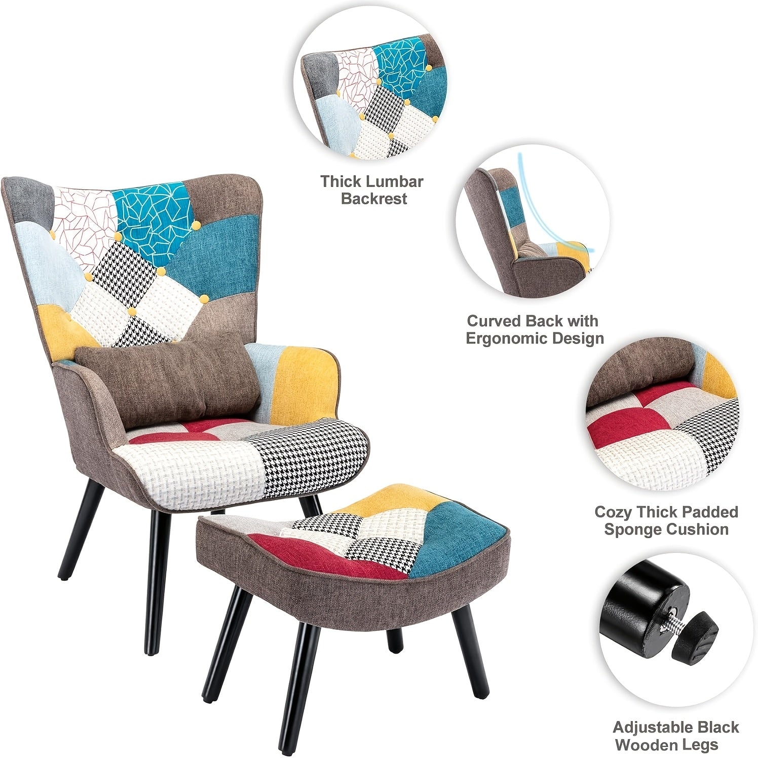 Fauteuil en Lin Patchwork Coloré avec Repose-Pieds, Design Scandinave en Bois Massif, Support Lombaire Ergonomique, Siège Décoratif Confortable pour Salon ou Bureau, Style Moderne Wingback avec Coussin en Éponge, Siège de Salon | Style Scandinave | Cadre