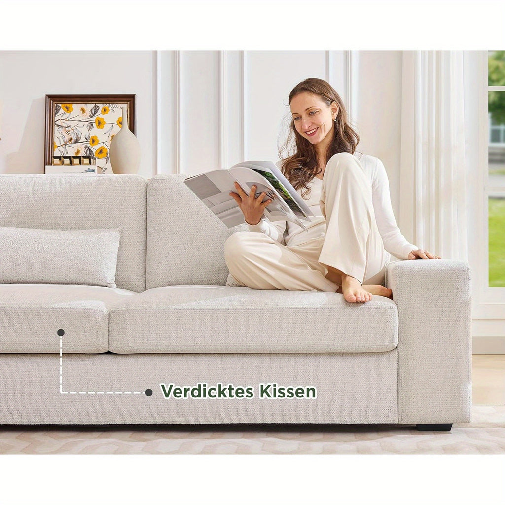 Canapé 3 places beige Chenille LUXOAK 220cm - Siège profond avec accoudoirs larges et assemblage facile, design moderne pour salon et chambre, blanc, coussin en mousse, cadre en bois, aucune alimentation nécessaire, chaise longue, meubles contemporains,