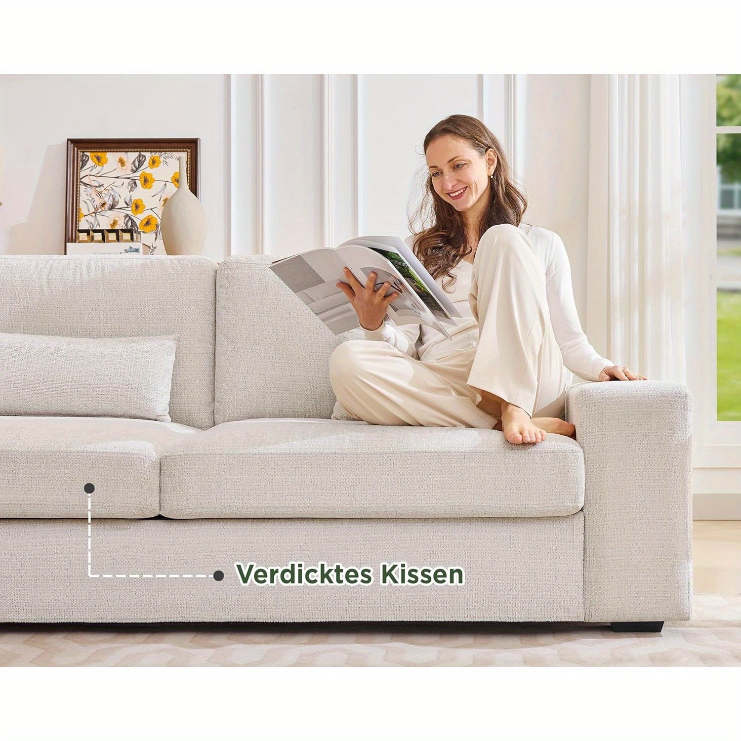Canapé 3 places beige Chenille LUXOAK 220cm - Siège profond avec accoudoirs larges et assemblage facile, design moderne pour salon et chambre, blanc, coussin en mousse, cadre en bois, aucune alimentation nécessaire, chaise longue, meubles contemporains,