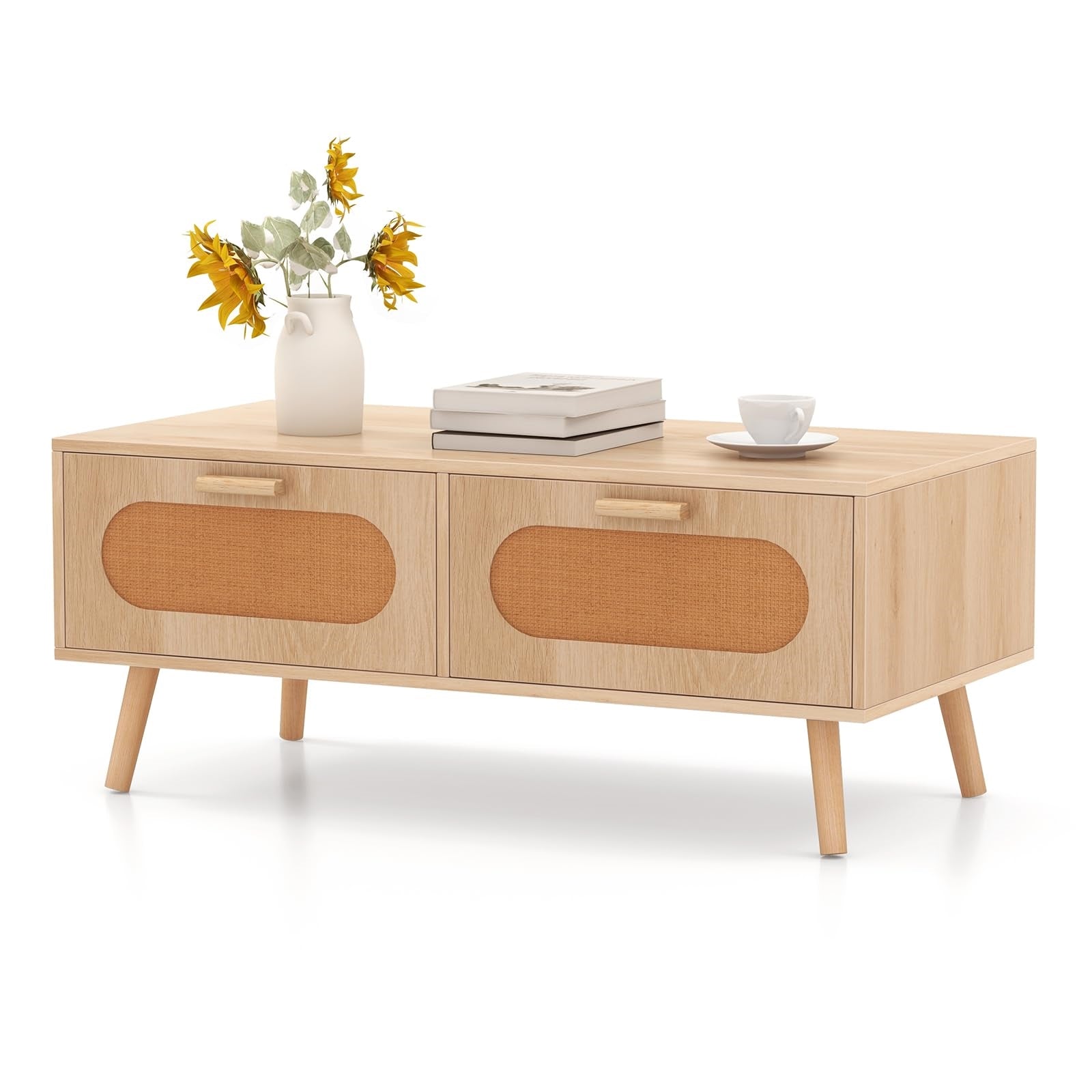 Table basse en rotin avec 2 tiroirs et compartiment arrière, pieds en bois massif, table d'appoint moderne pour salon, chambre, 100 x 50 x 41 cm, naturel