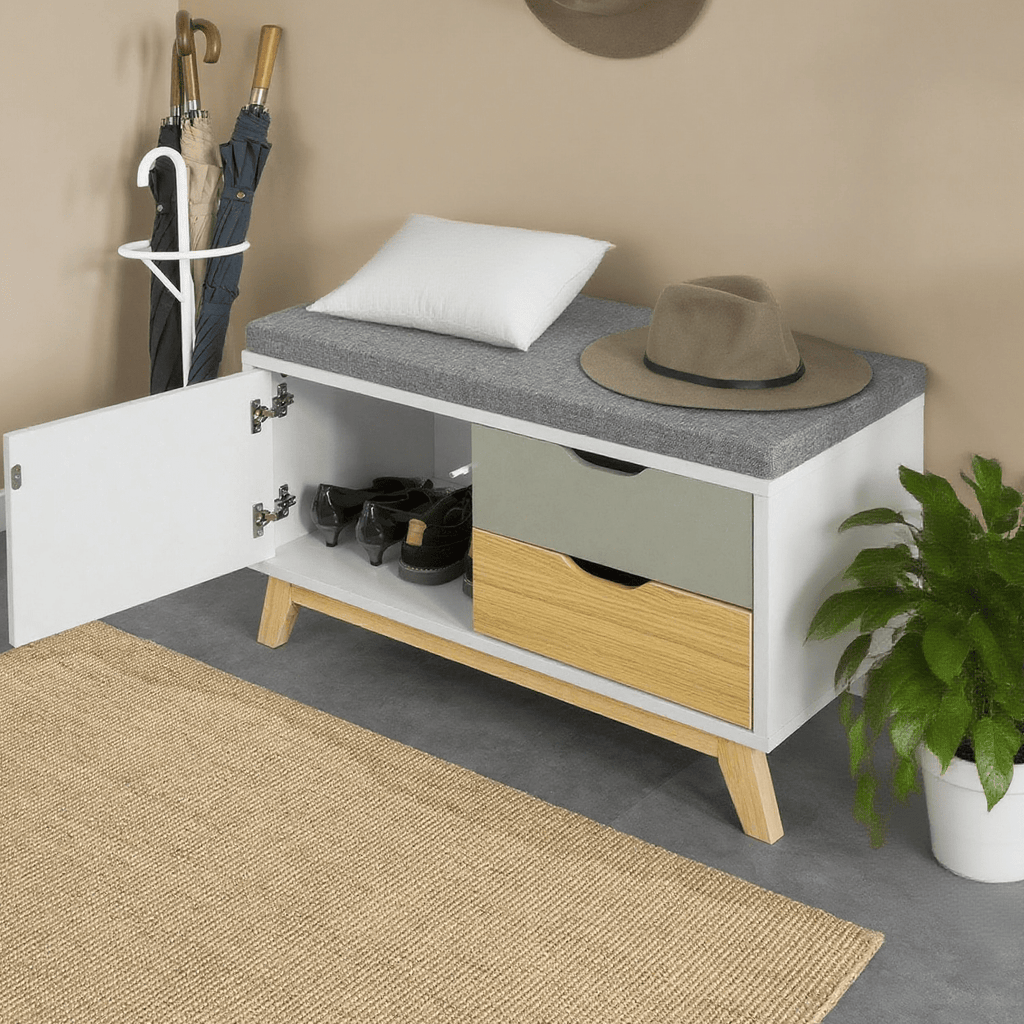 Banquette à Chaussures, Banquette à Coffre, Banquette de Rangement, Banquette de Garde-Robe, Banquette de Lit, Organisateur de Chaussures, Armoire à Chaussures, Tabouret, Style Scandinave, Pieds en Bois, Rangement Économiseur d'Espace, Capacité de Charge