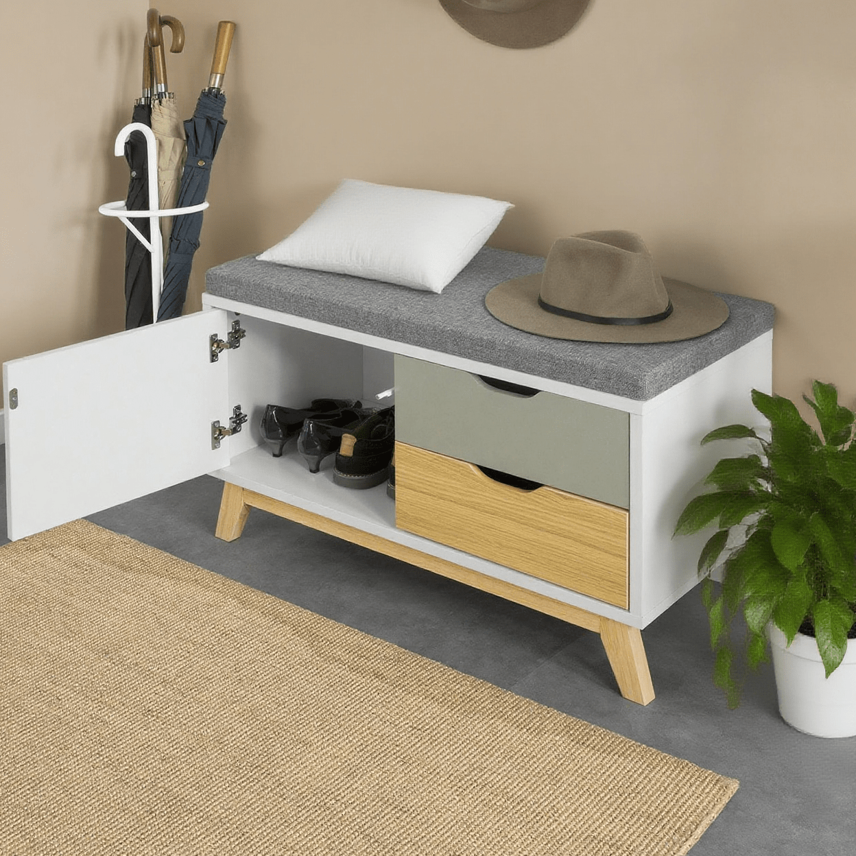 Banquette à Chaussures, Banquette à Coffre, Banquette de Rangement, Banquette de Garde-Robe, Banquette de Lit, Organisateur de Chaussures, Armoire à Chaussures, Tabouret, Style Scandinave, Pieds en Bois, Rangement Économiseur d'Espace, Capacité de Charge