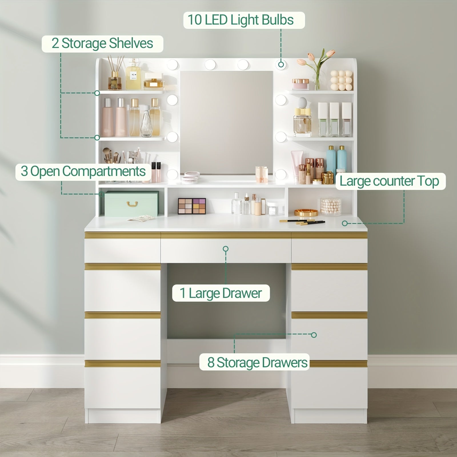 Coiffeuse avec 10 Boules LED, 3 Couleurs, Luminosité Réglable, Grand Miroir HD, 1 Grande Tiroir et 8 Petits Tiroirs, 9 Étagères Ouvertes, Ensemble de Coiffeuse pour Chambre ou Salle de Bain, Sans Tabouret, Blanc-Marron/Doré/Argenté