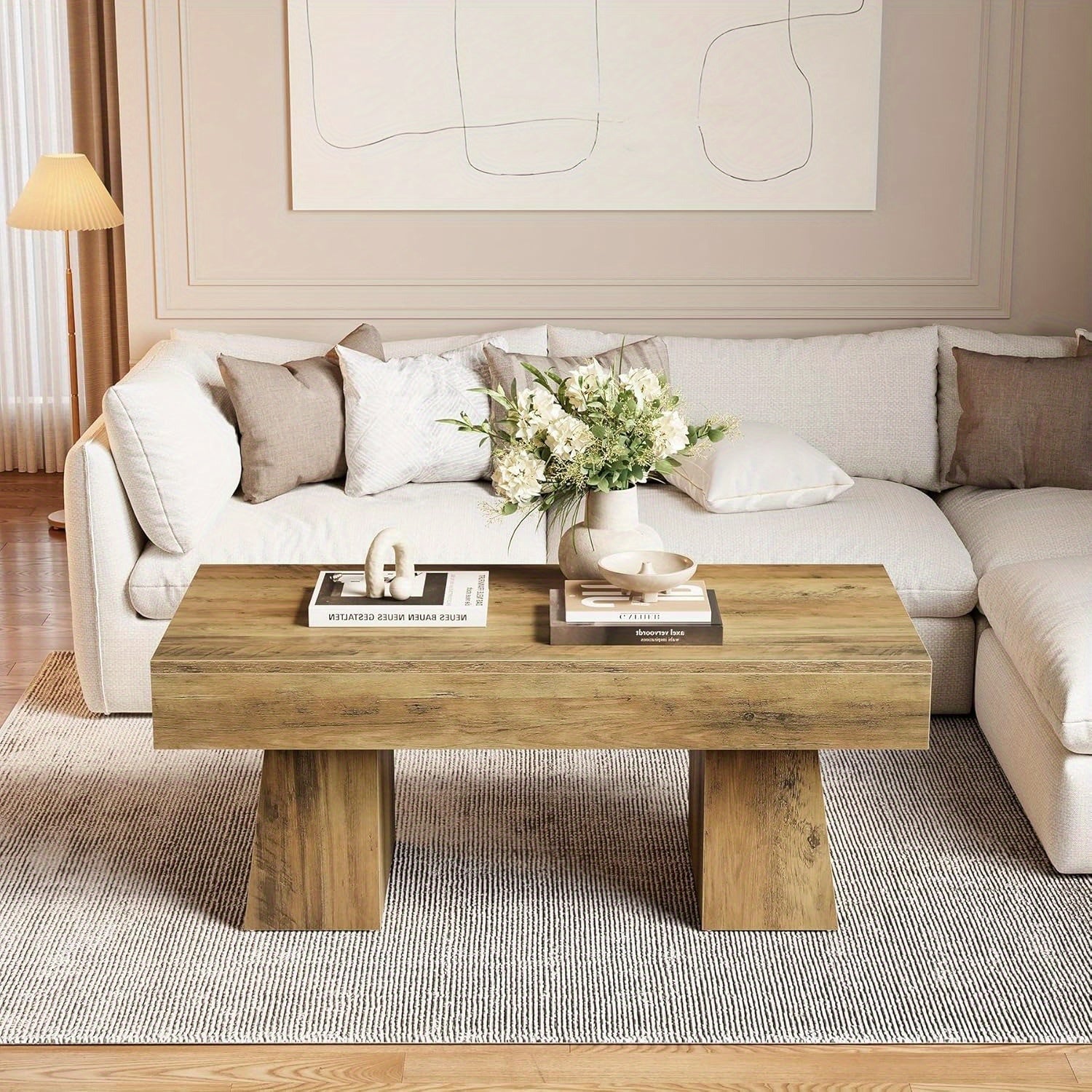 Table Basse de Ferme 47 Pouces - Design Rustique Brun en Bois Ingénieré, Base Épaisse et Solide, Modèle Moderne Rectangulaire pour Salon, Montage Facile (Construction MDF & Bois Massif)