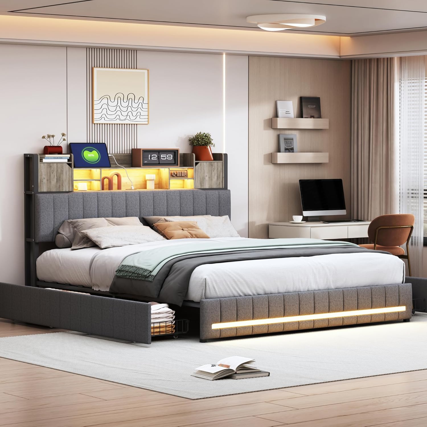 Lit YCZ 140 x 190 cm avec sommier à lattes, LED et USB, lit double avec tête de lit et 4 tiroirs, lit capitonné pour 2 personnes, cadre de lit avec sommier à lattes (matelas non inclus)