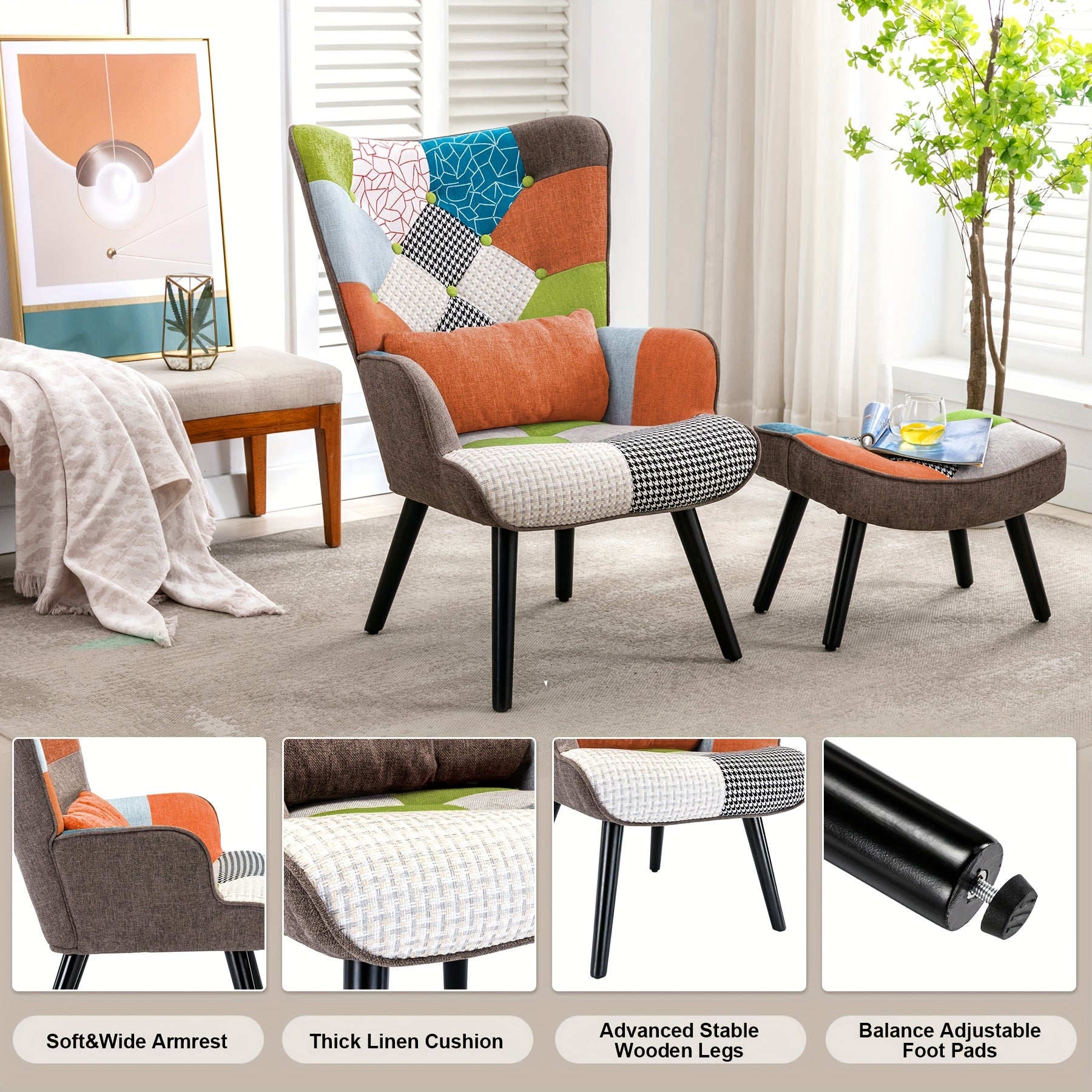 Fauteuil de Loisir en Tissu Color-Block + Repose-Pieds, Fauteuil d'Art pour Salon, Chaise Patchwork Créative, Chaise de Lecture ou Sieste, Dossier Haut pour Protéger le Cou et la Colonne Vertébrale, Pieds Mince Dorés Simples et Stables