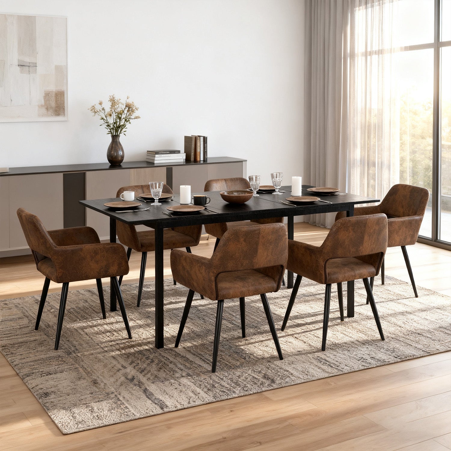 MEUBLE COSY Ensemble Table et Chaises Dîner Extensible 7 pièces avec 1 Table Noire en MDF à Pieds Métalliques et 6 Fauteuils de Salon Marron en Daim Rembourrés avec Dossier Creux, Meubles de Cuisine Moderne pour Salle à Manger 120-160x80x75cm/56x56x78cm