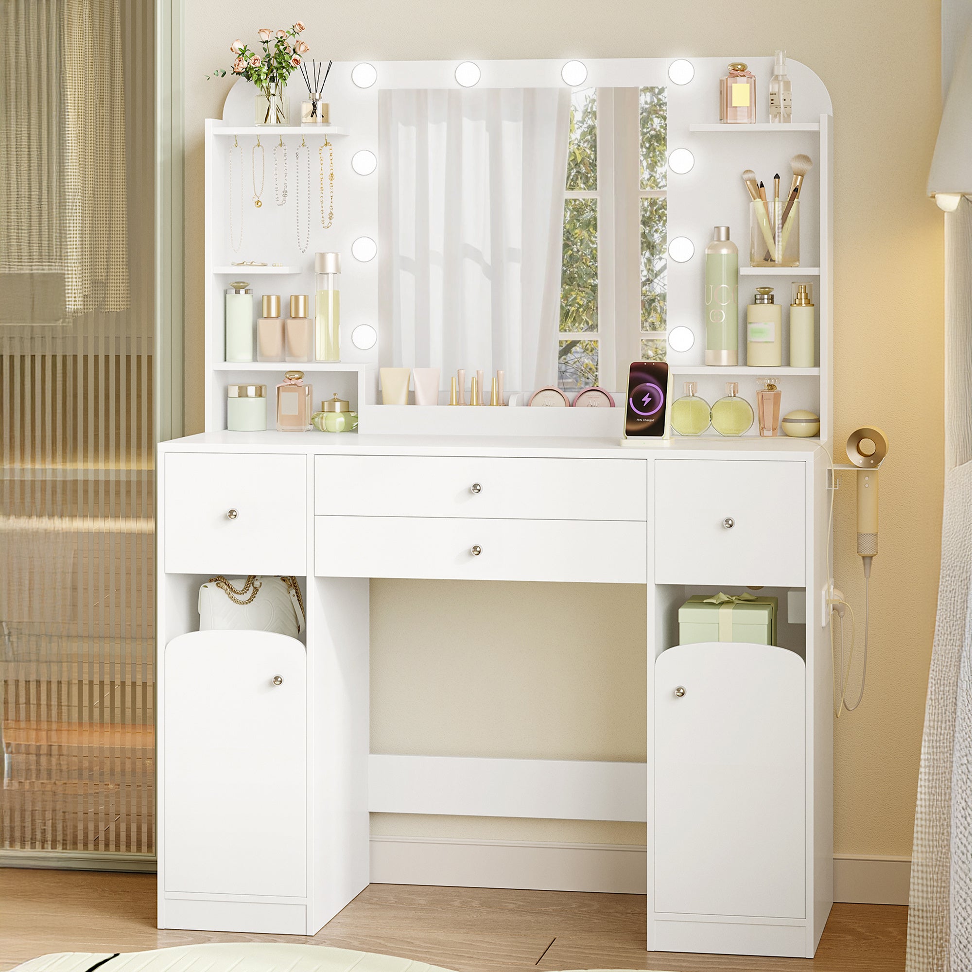 Coiffeuse avec Eclairage LED, avec Prise et Support pour Sèche-Cheveux, Grand Plateau 108 cm, Coiffeuse avec 2 Grands Tiroirs avec Rangement pour Bijoux, 2 Armoires,