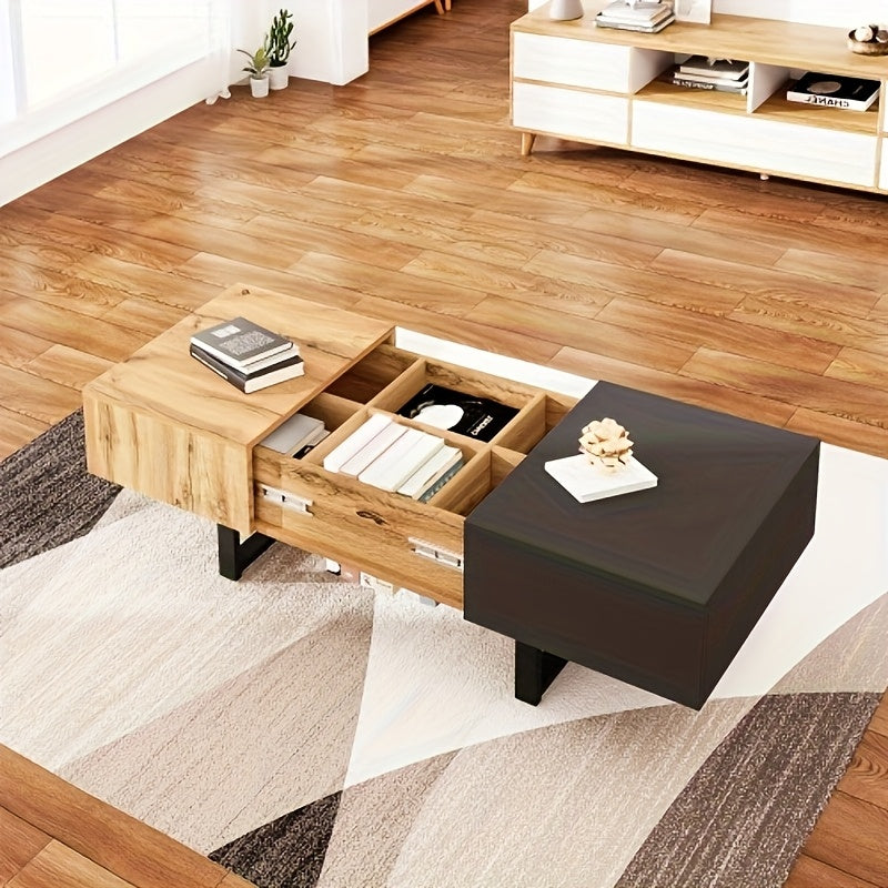 Une table basse contemporaine multifonctionnelle qui offre un stockage dissimulé, un cadre en métal, idéale pour les deux milieux domestique et professionnel, et facile à assembler.