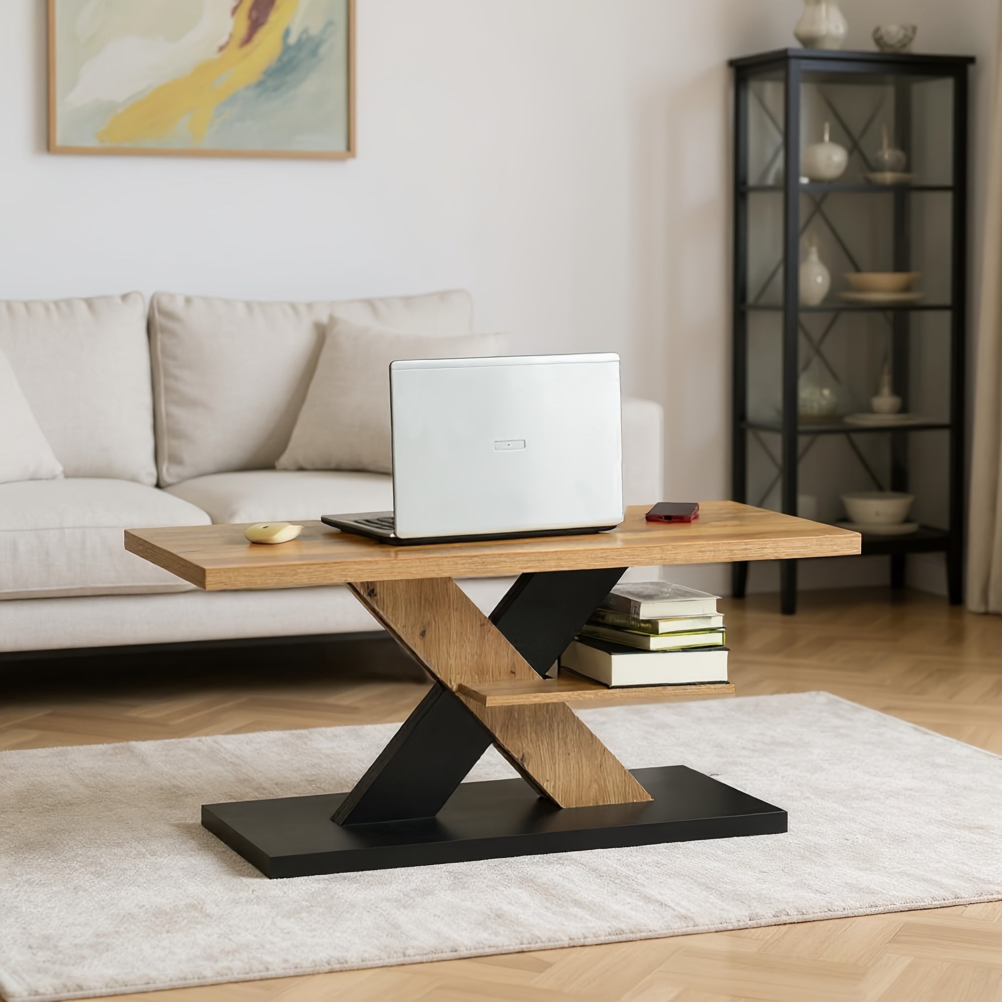 Table Basse Moderne en Chêne et Panneau de Particules Noir - Avec Étagère de Rangement, Design Rectangulaire à Plateau Relevable/Profil Bas Robuste – Meuble Multifonction Gain de Place pour Salon, Bureau ou Petits Espaces (Montage Facile) – 100x40x45 cm,