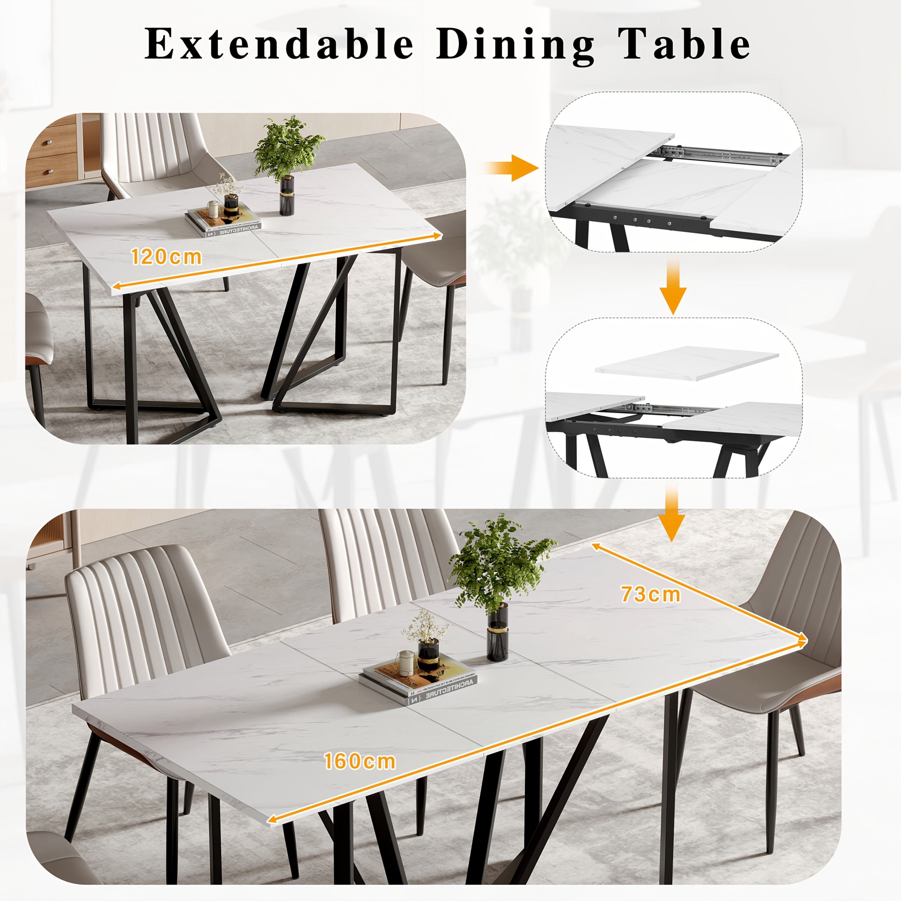 Table à Manger Extensible Moderne avec Repose-Pieds Réglable et Plateau en Bois Marbré Blanc - Table de Cuisine Étendable pour 4-6 Personnes, Pieds Métalliques Dorés/Noirs, Montage Facile pour Salle à Manger & Cuisine, Design Contemporain, Finition Haut