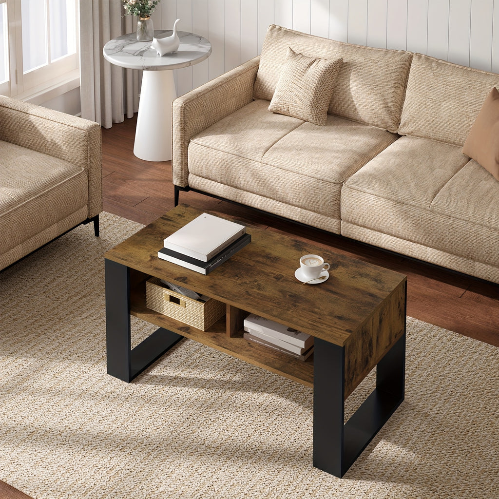 1pc table basse avec espace de rangement, 2 compartiments ouverts, table d'appoint pour salon, table moderne rectangulaire, table de canapé, chêne clair noir