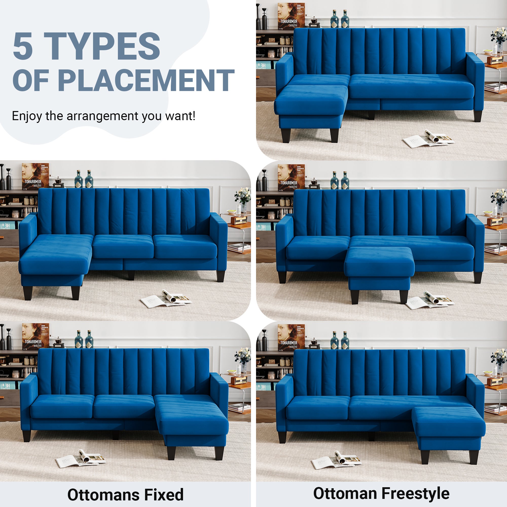 Canapé convertible sectional 3 places en forme de L en velours pour appartements, salon et bureau