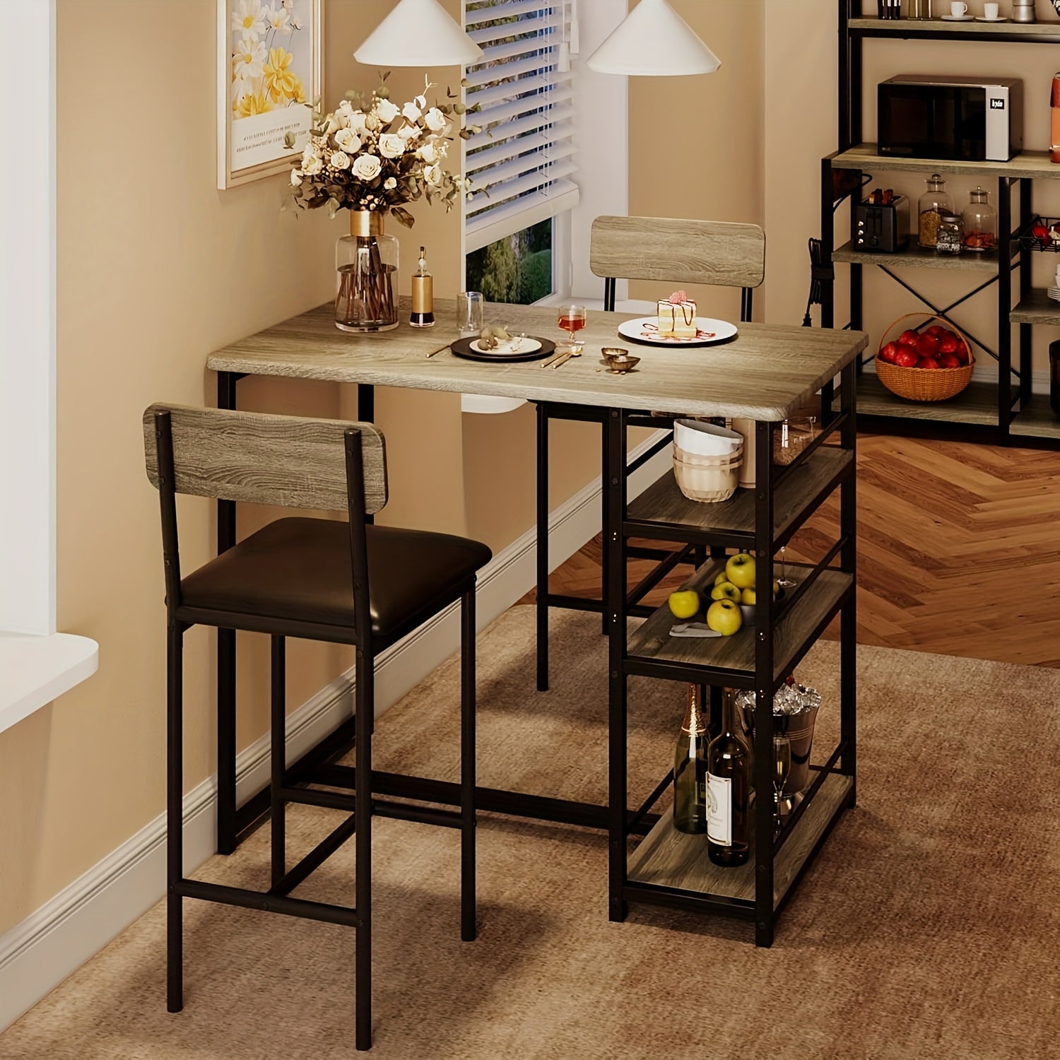 Ensemble de Table de Cuisine, Table À Manger Et Chaises Pour 2, Ensemble de Table À Manger En 3 Pièces Avec 2 Chaises Cuir, Ensemble de Table À Manger Avec Bar Pour Les Petits Espaces, Appartement, Petit-déjeuner, Pub, Gris Rustique