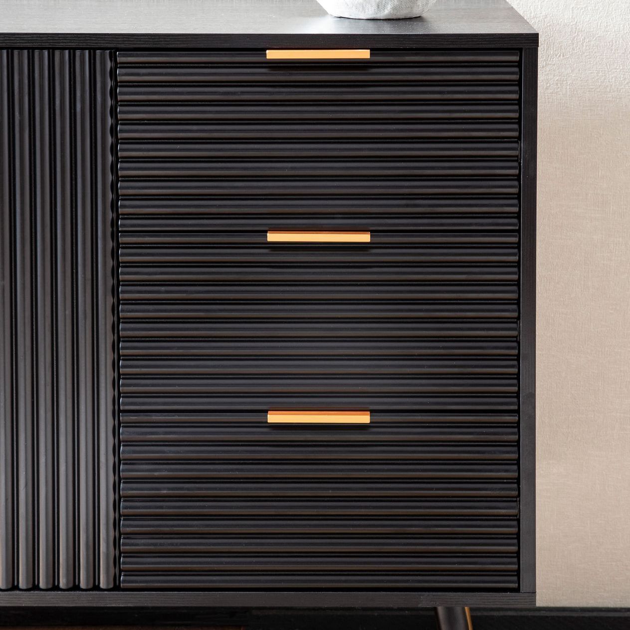 Buffet 120x80x40 cm Noir avec Décor en Chêne, Commode à Portes et Tiroirs, Armoire Moderne pour Entrée, Meuble de Salon sur Pieds Métalliques