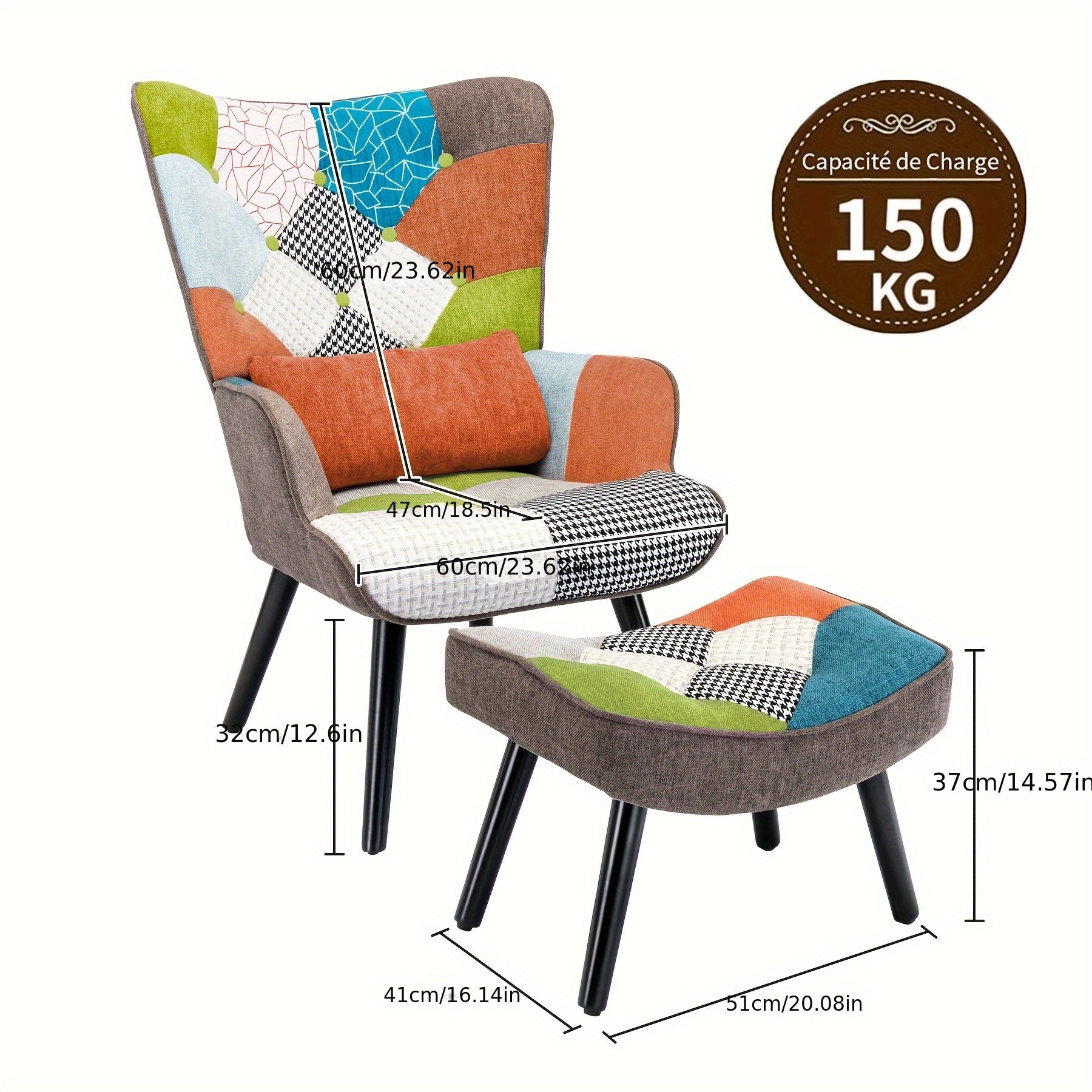 Fauteuil de Loisir en Tissu Color-Block + Repose-Pieds, Fauteuil d'Art pour Salon, Chaise Patchwork Créative, Chaise de Lecture ou Sieste, Dossier Haut pour Protéger le Cou et la Colonne Vertébrale, Pieds Mince Dorés Simples et Stables