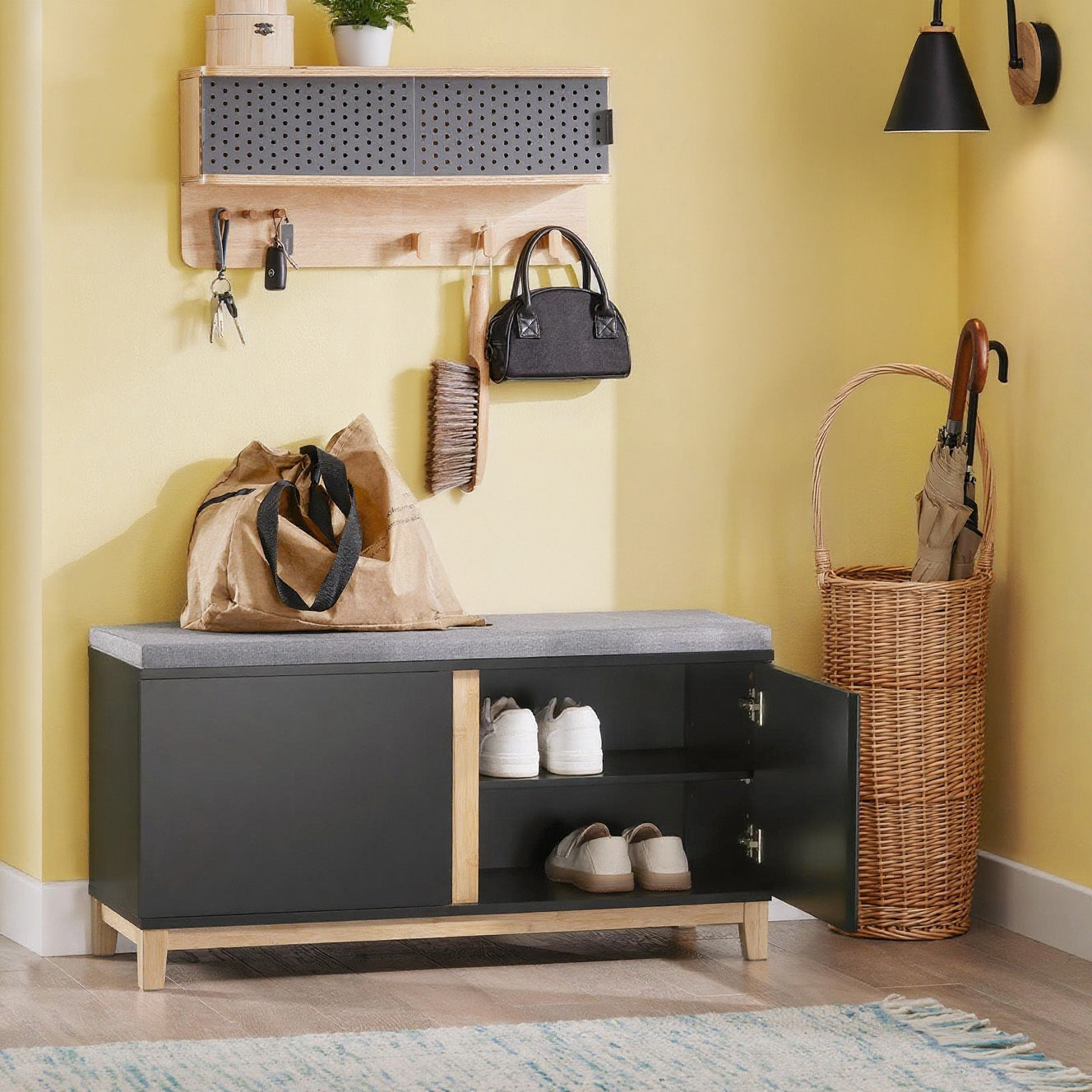 Banc de chaussures avec surface de siège Banc de garde-robe Banc de siège avec espace de rangement Banc de chaussures avec armoire à chaussures Banc de vêtements avec siège Banc étroit noir BHT environ 90X47X34Cm