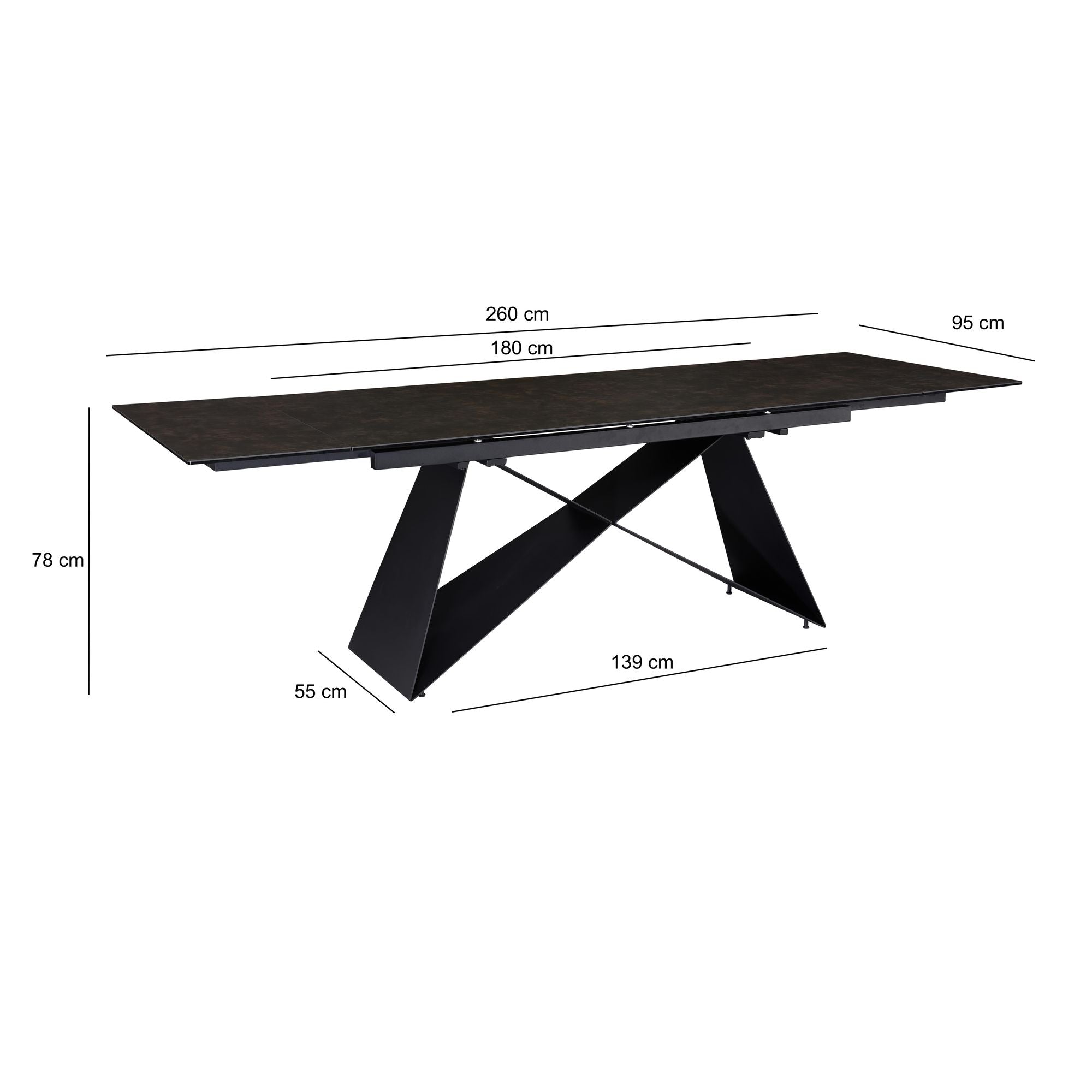 Table à Manger Extensible 180 - 260 cm, Verre Céramique, Grande Table Céramique, Table de Cuisine Rectangulaire Design, Table à Manger Extravagante avec Pieds Métalliques