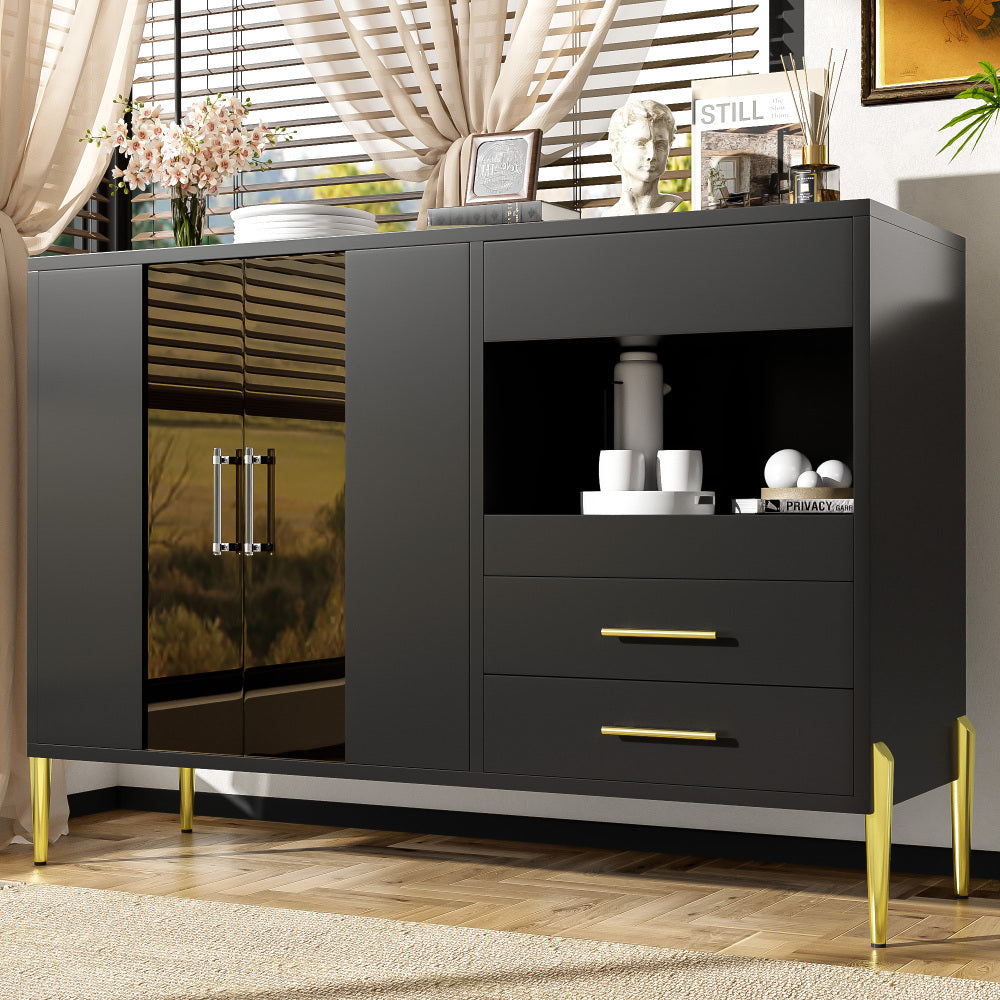 Armoire de couloir, légère et luxueuse, buffet moderne avec portes en verre turquoise élégantes, poignées en acrylique cristal, pieds en fer plaqué or, corps noir