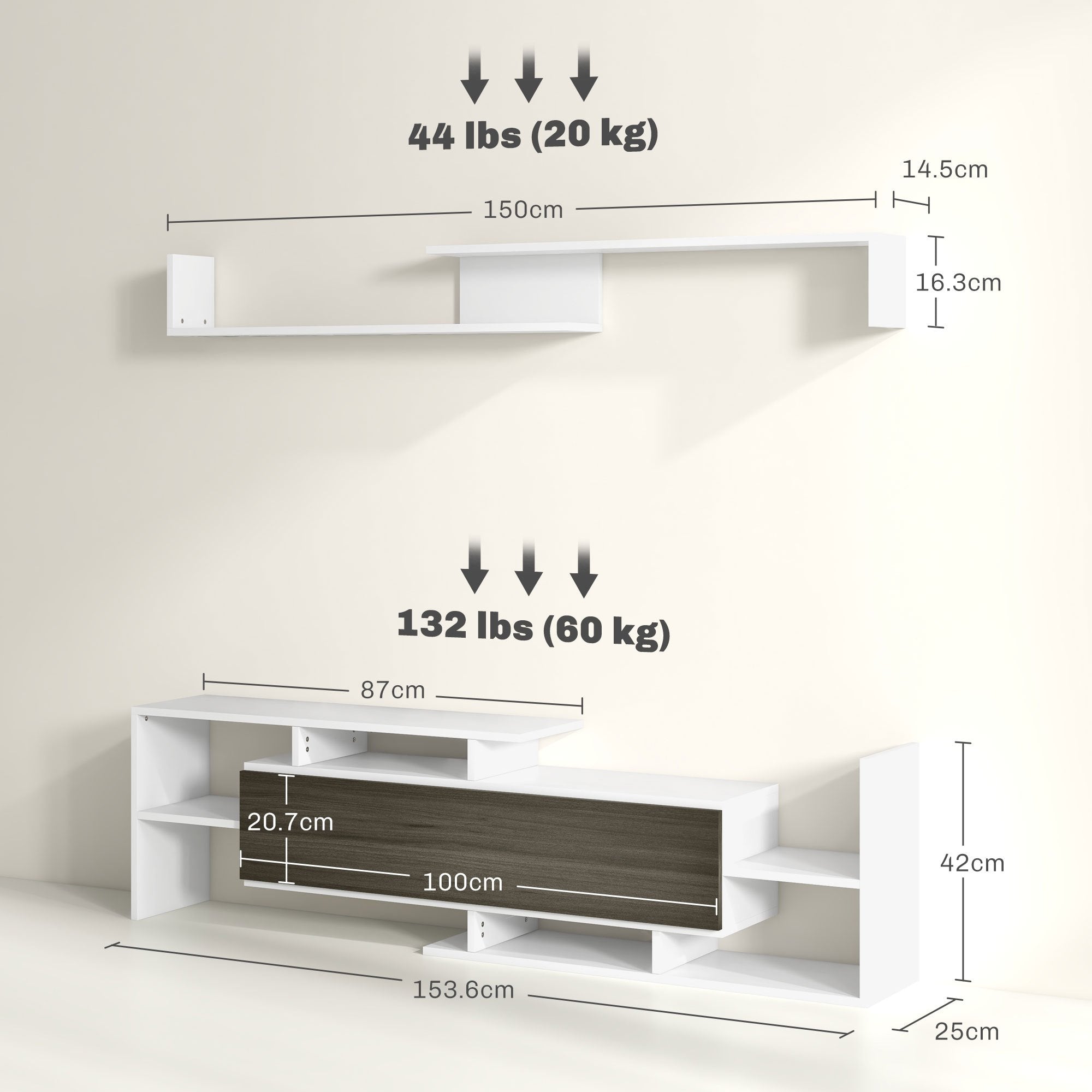 Téléviseur mobile HOMCOM avec étagère murale, étagères ouvertes et armoire fermée pour salon et chambre, en contreplaqué