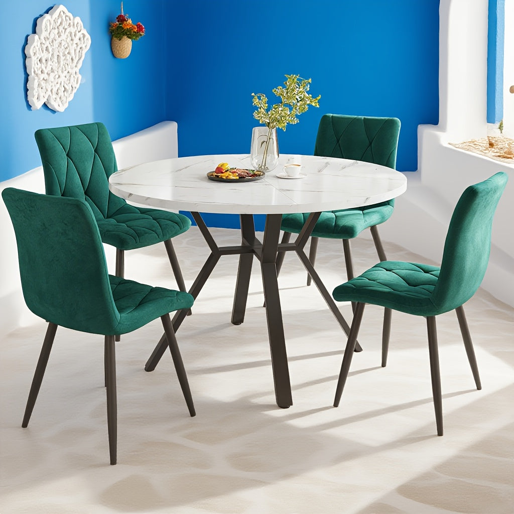 5pcs Ensemble de table et chaise ronde moderne - Pieds en métal noir, 4 chaises ergonomiques en velours vert, design minimaliste pour un repas contemporain, décoration de table à manger, meubles élégants, construction durable, meubles élégants, designers