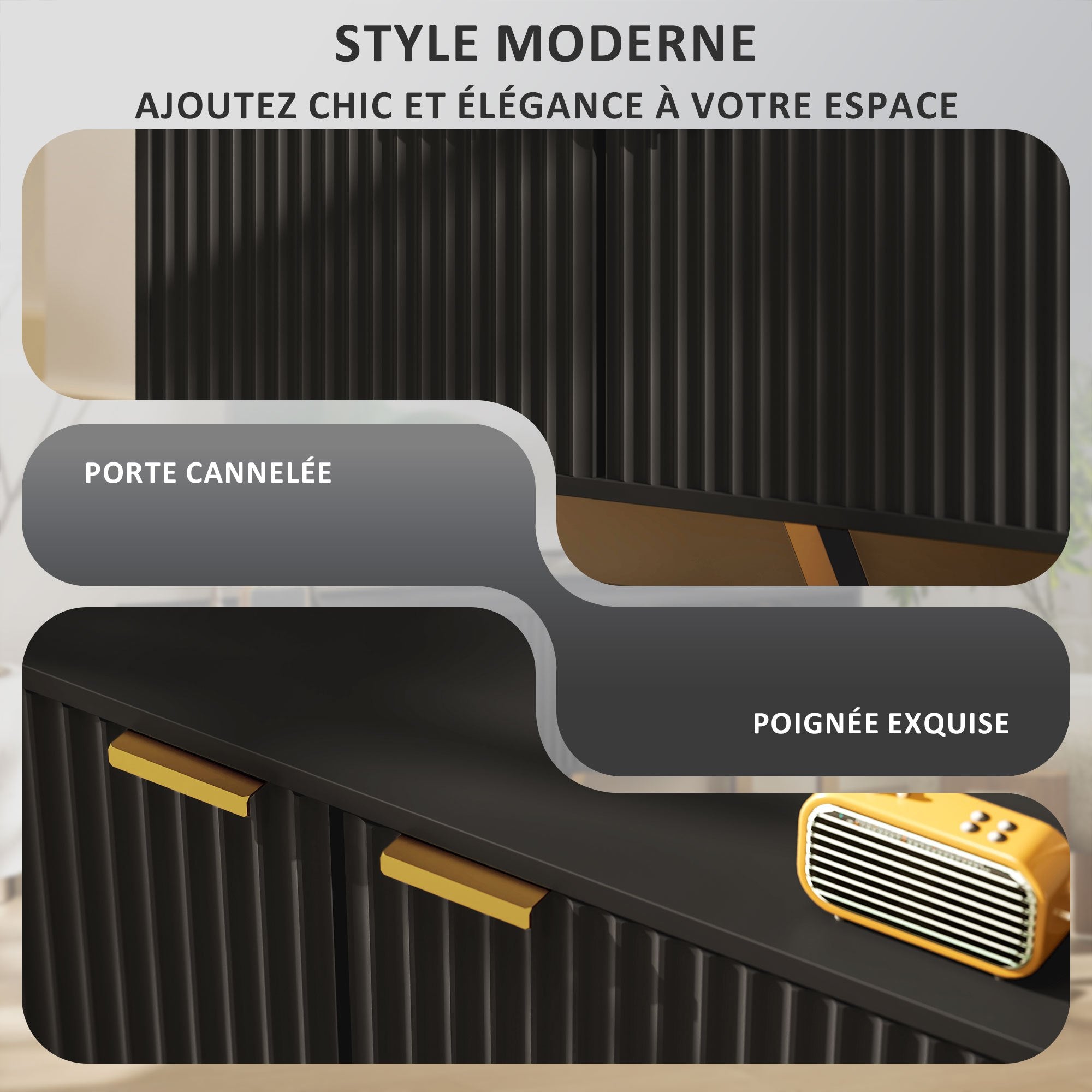 HOMCOM Meuble TV meuble télé bois banc TV pour téléviseur jusqu' à 70 pouces avec placard à 2 portes cannelées, compartiment ouvert et passe- câbles, pour salon chambre à coucher, 140 x 39 x 47 cm, noir