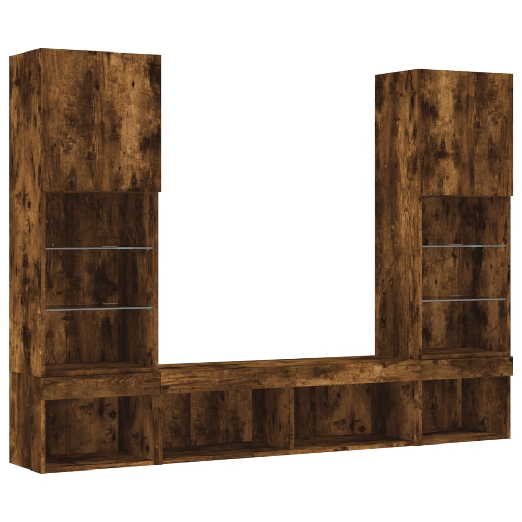 Ensemble Moderne de Meuble TV Murale avec Éclairage LED - Centre de Divertissement en Bois Ingénieuré Chêne Fumé 5 Pièces, Meuble de Salon Élégant, Support TV Murale avec Étagères, Console Média Contemporaine pour Téléviseurs à Écran Plat