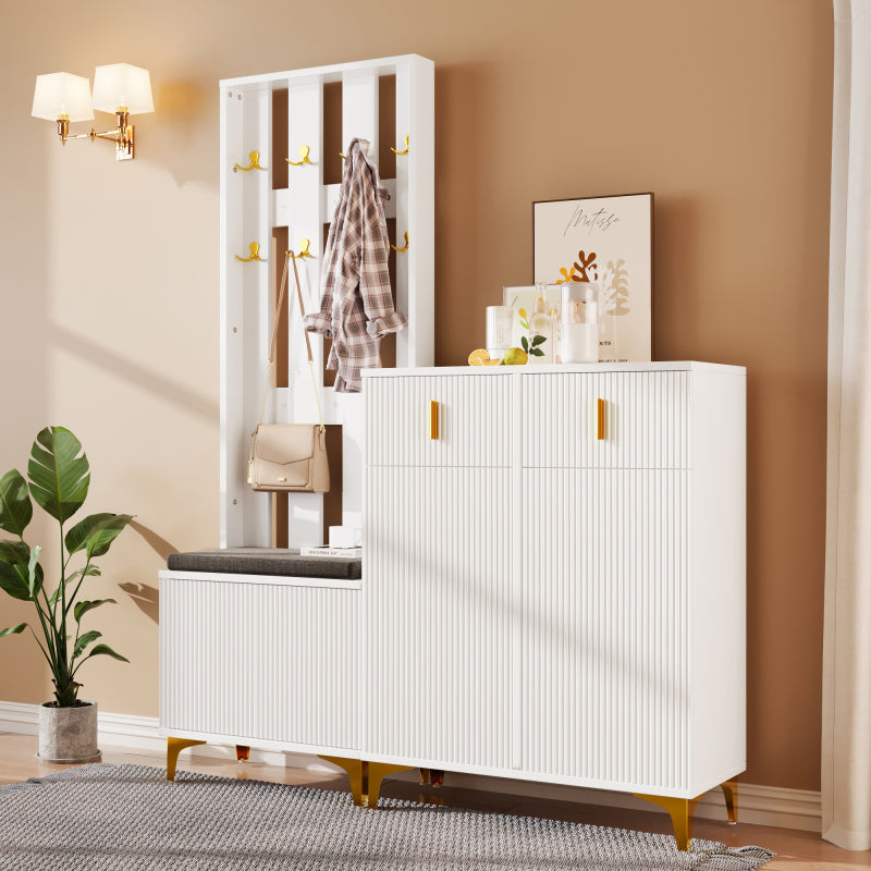 Ensemble de vestiaire tout-en-un avec armoire à chaussures, banc et siège rembourré - Organisateur d'entrée moderne avec tringles, tiroirs et portes - Cadre en métal robuste, mobilier de buanderie peu encombrant pour couloir, chambre ou salle de bain - P