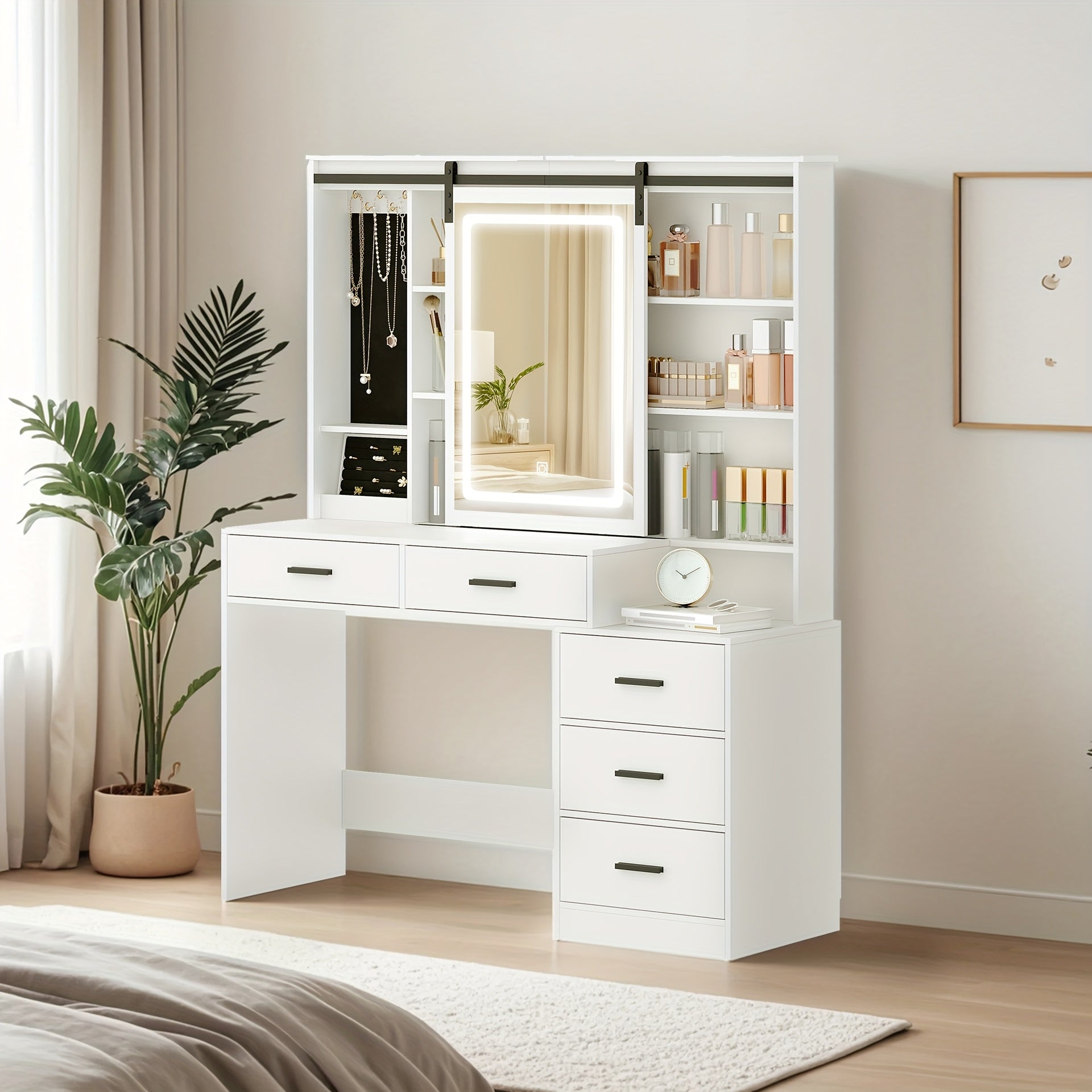 Coiffeuse avec Éclairage LED Réglable, Grand Miroir Amovible, Rangement pour Bijoux, Étagères Ouvertes, 5 Tiroirs et Table d'Appoint, Blanc